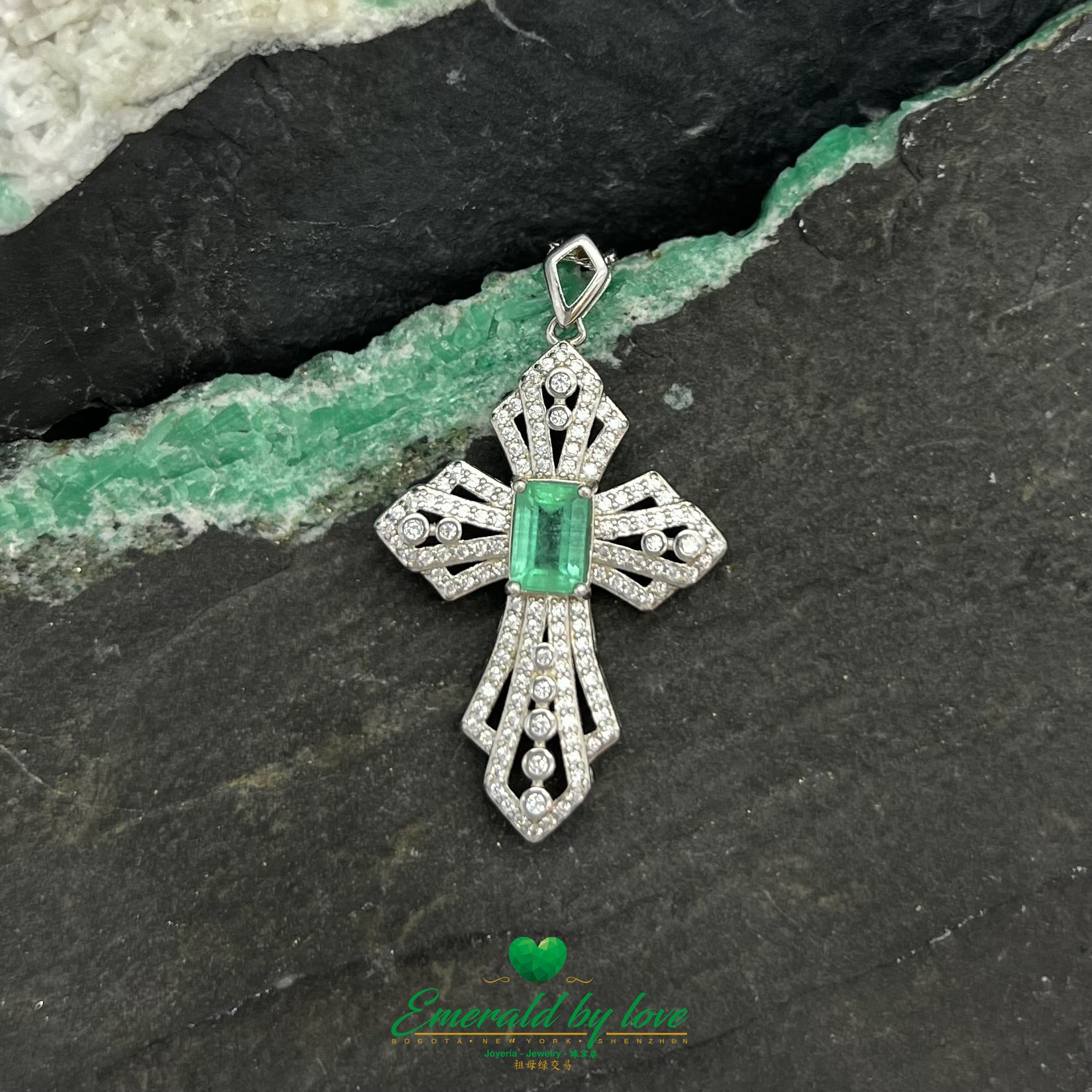 Cross Pendant with Rectangular Crystal Emerald