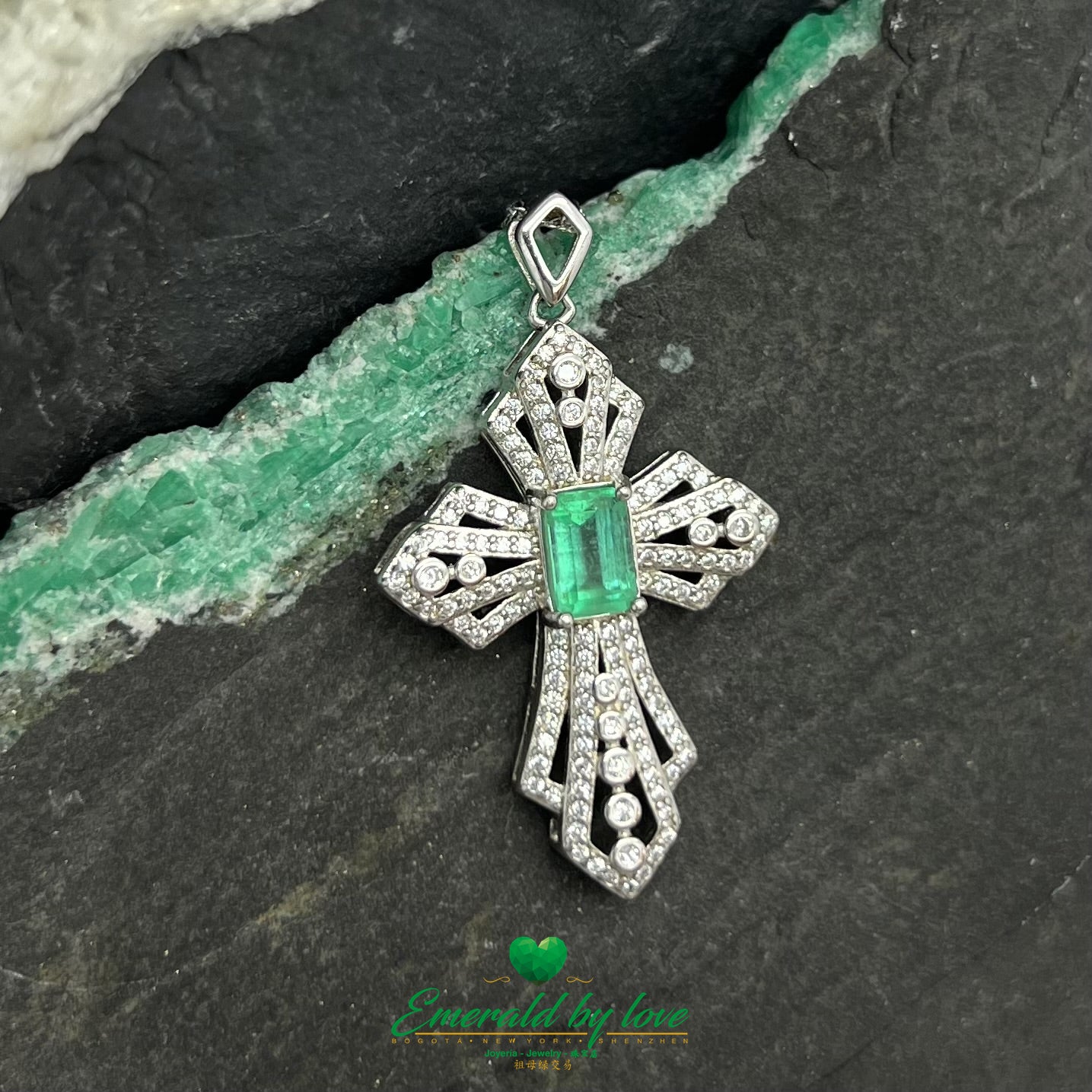 Cross Pendant with Rectangular Crystal Emerald