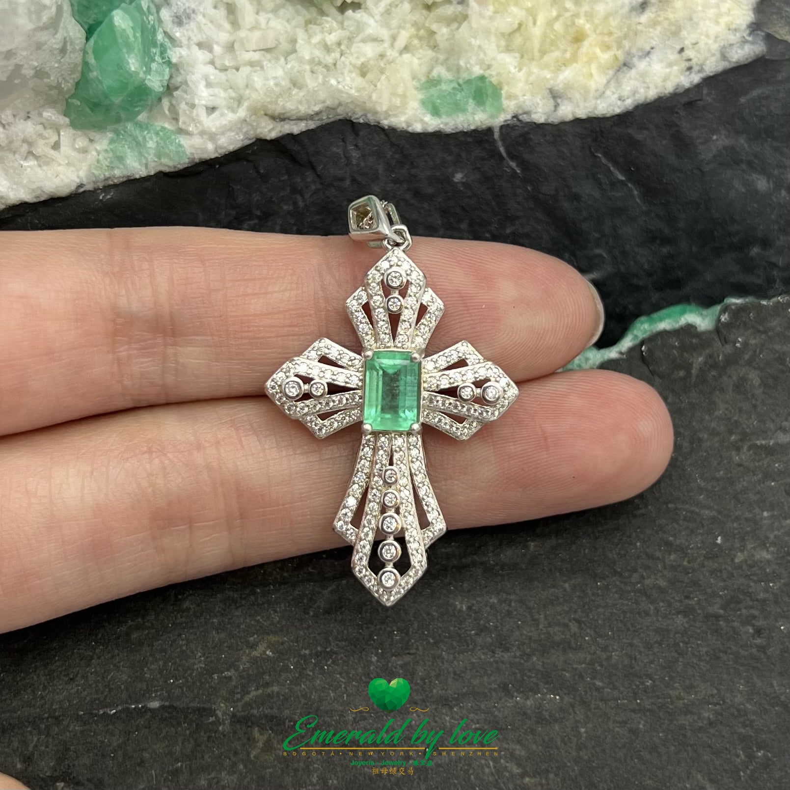 Cross Pendant with Rectangular Crystal Emerald