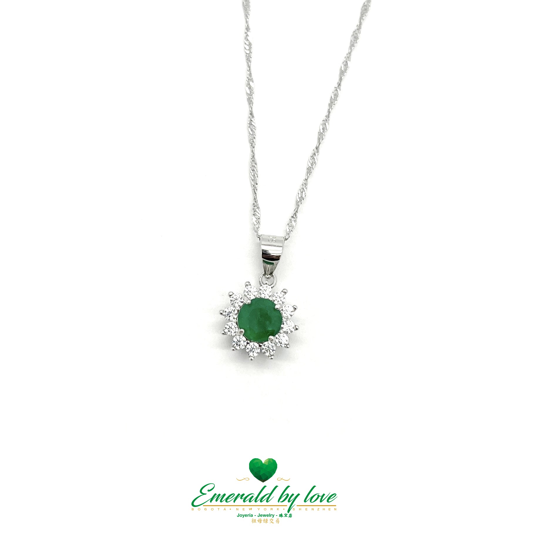 Multi-Petal Flower Pendant with Central Round Emerald and Surrounding Cubic Zirconia