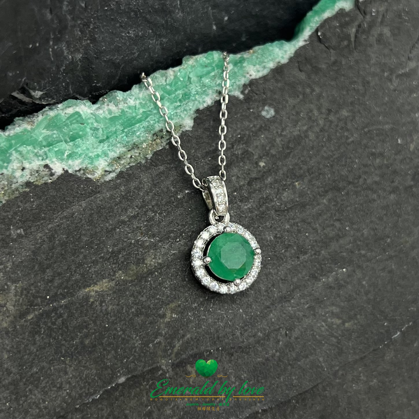 Simple Round Emerald Pendant with Halo of Cubic Zirconia