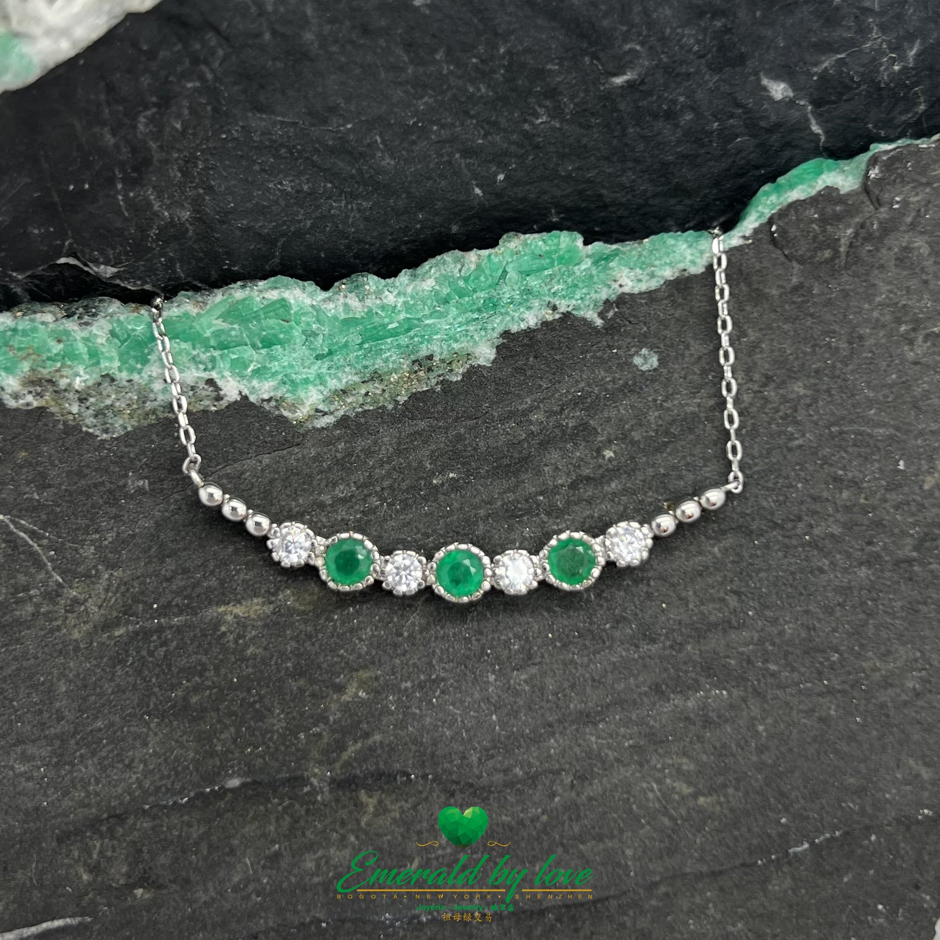 Interlinked Emerald and Round Cubic Zirconia Sterling Silver Choker