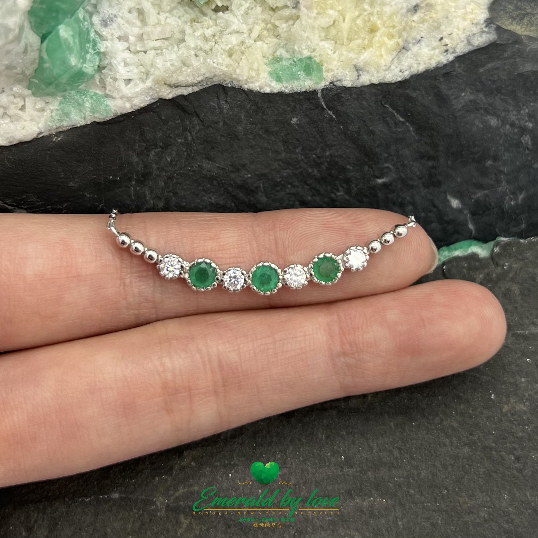 Interlinked Emerald and Round Cubic Zirconia Sterling Silver Choker