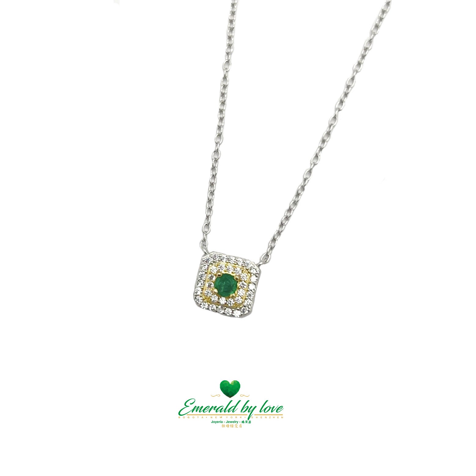 Square Silver Pendant with Gold Plating and Central Round Emerald