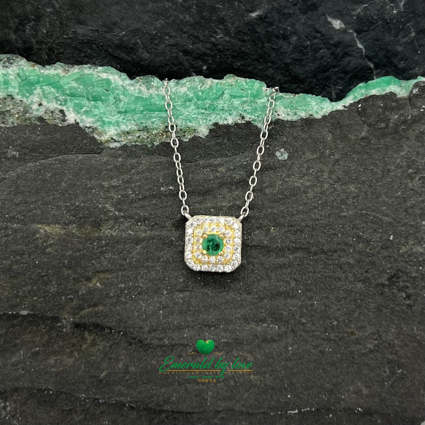 Square Silver Pendant with Gold Plating and Central Round Emerald