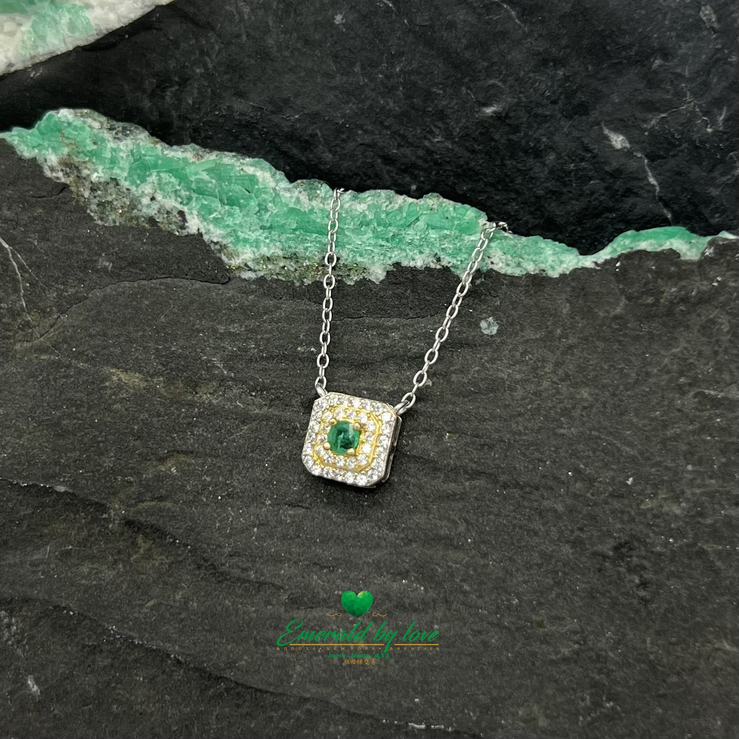 Square Silver Pendant with Gold Plating and Central Round Emerald