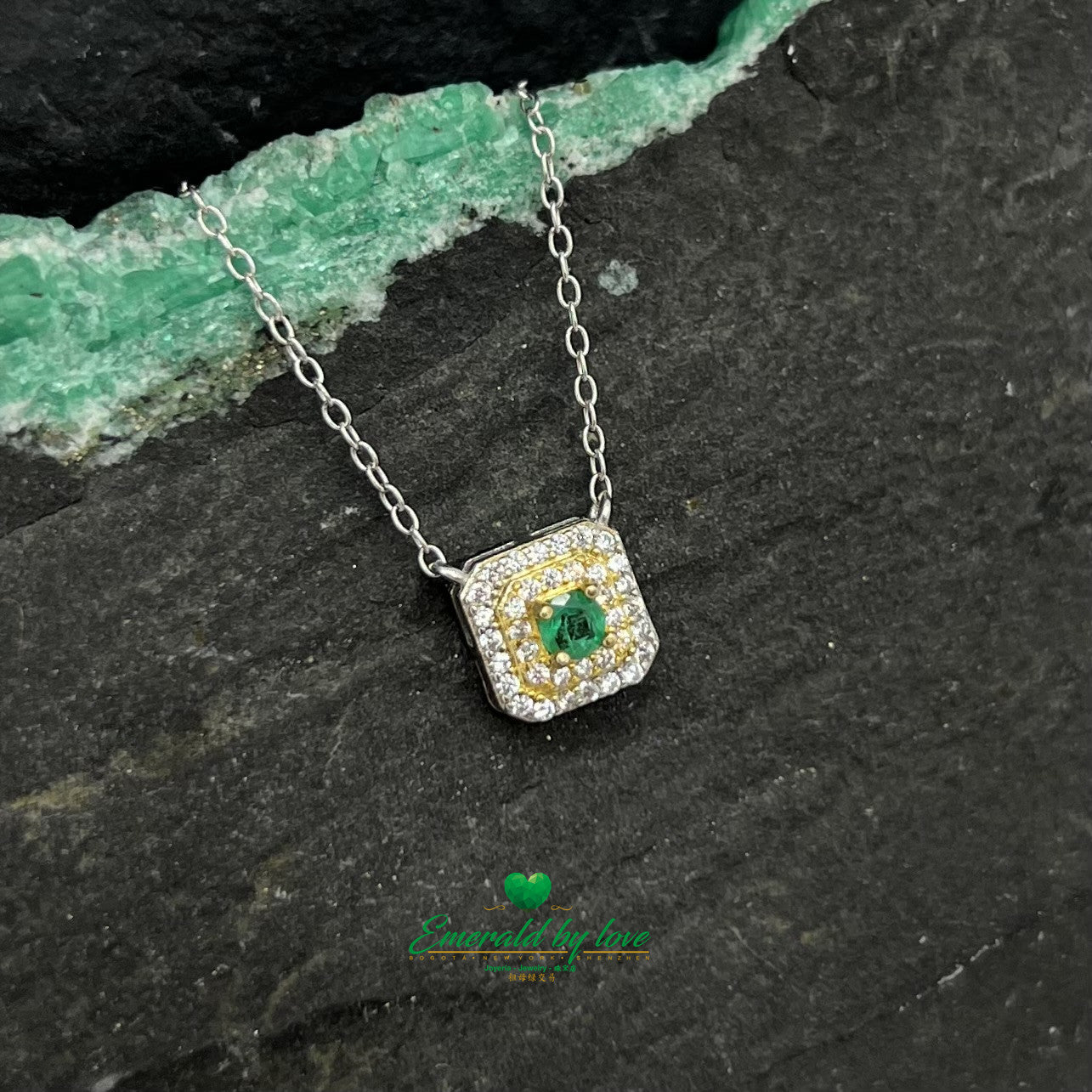 Square Silver Pendant with Gold Plating and Central Round Emerald