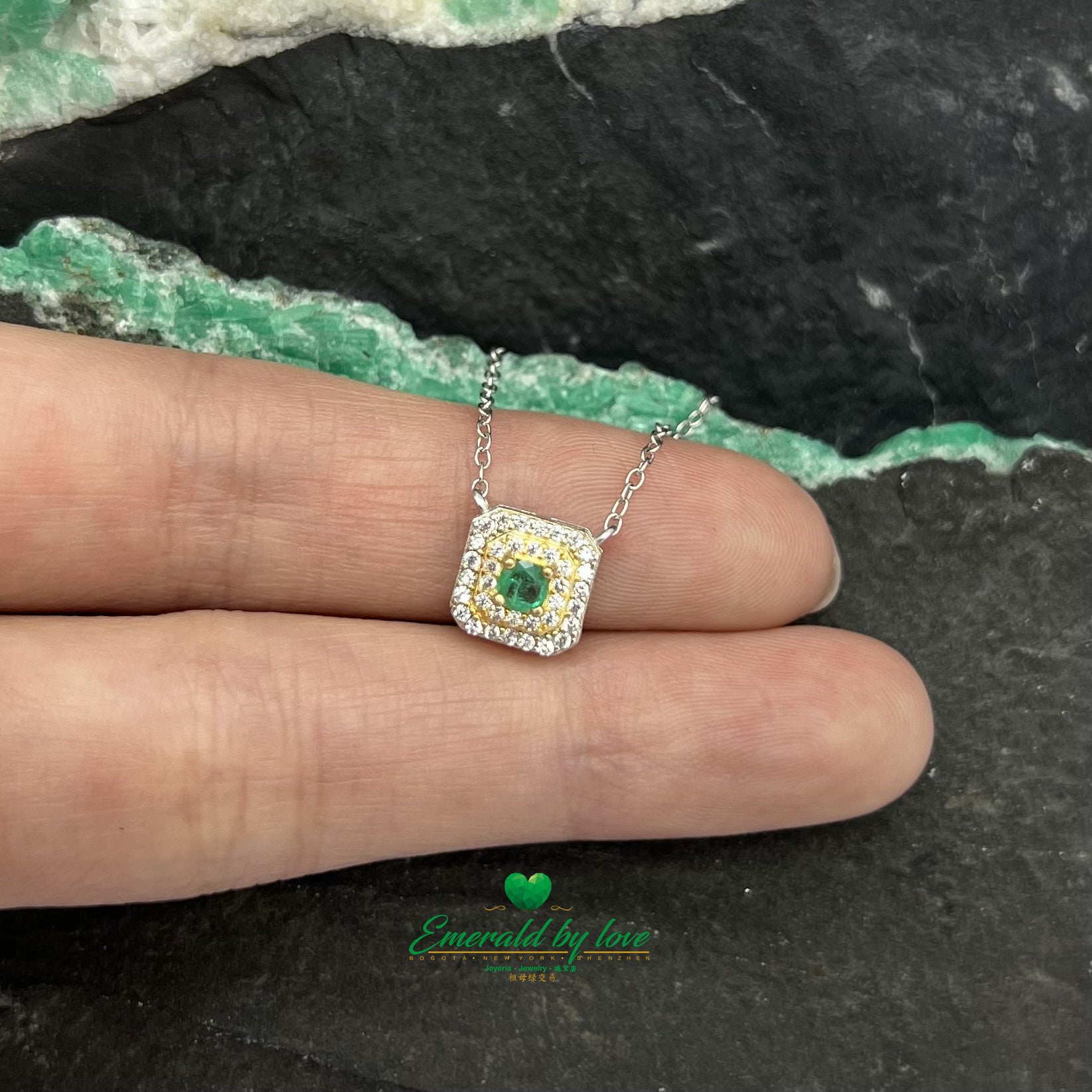 Square Silver Pendant with Gold Plating and Central Round Emerald