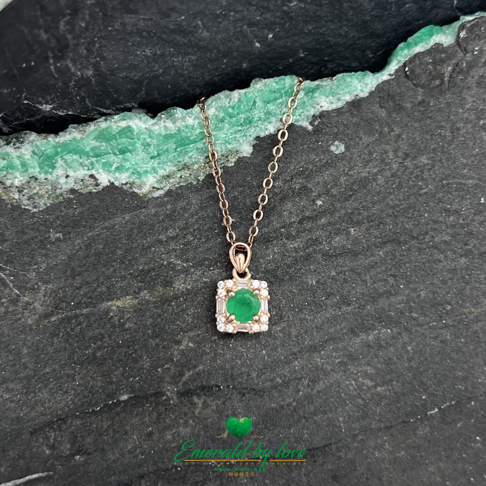 Rose Gold-Plated Sterling Silver Pendant with Natural Round Emerald