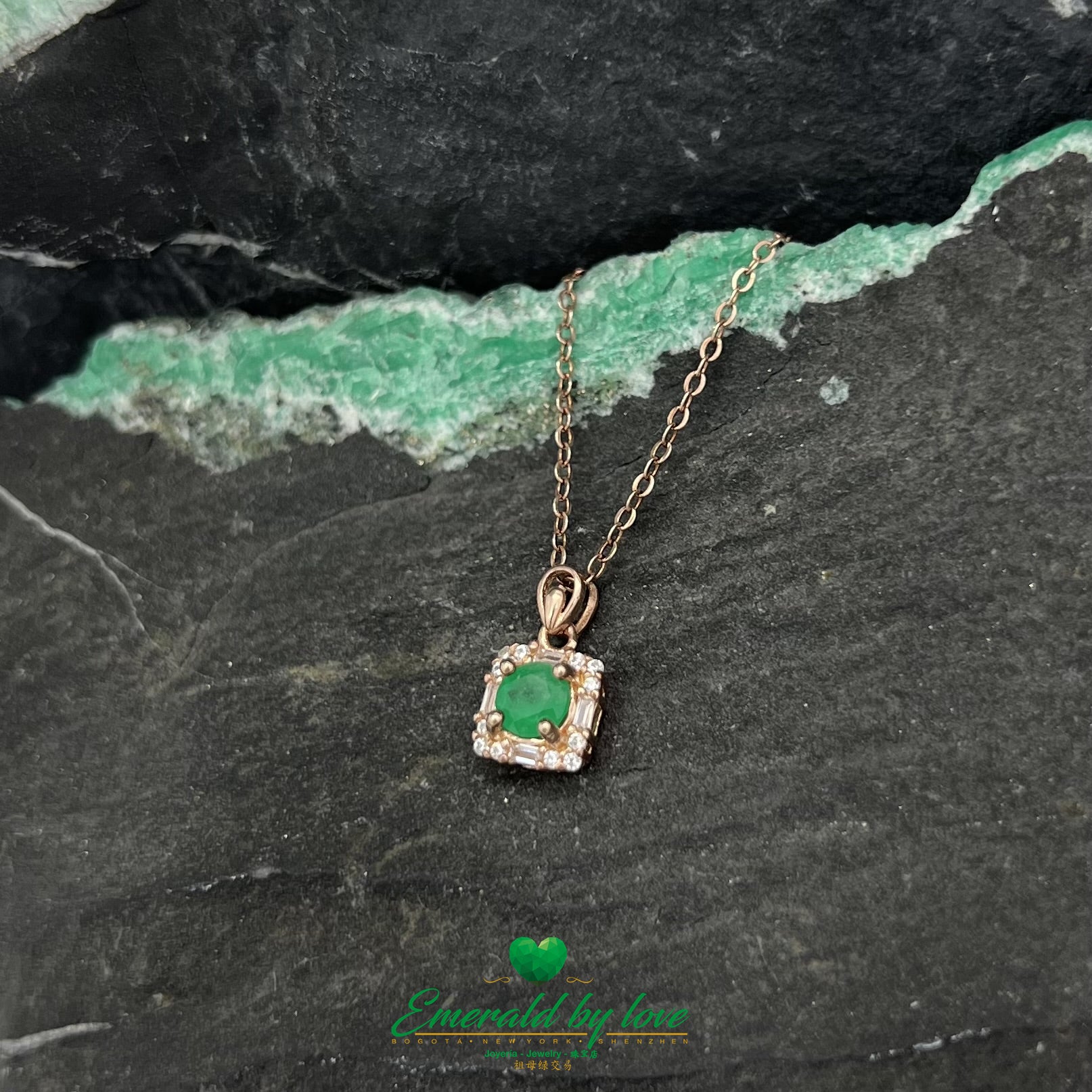 Rose Gold-Plated Sterling Silver Pendant with Natural Round Emerald