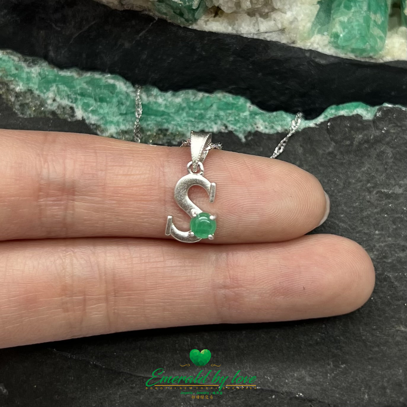 Silver Letter S Pendant with Dark Green Round Cabochon Emerald