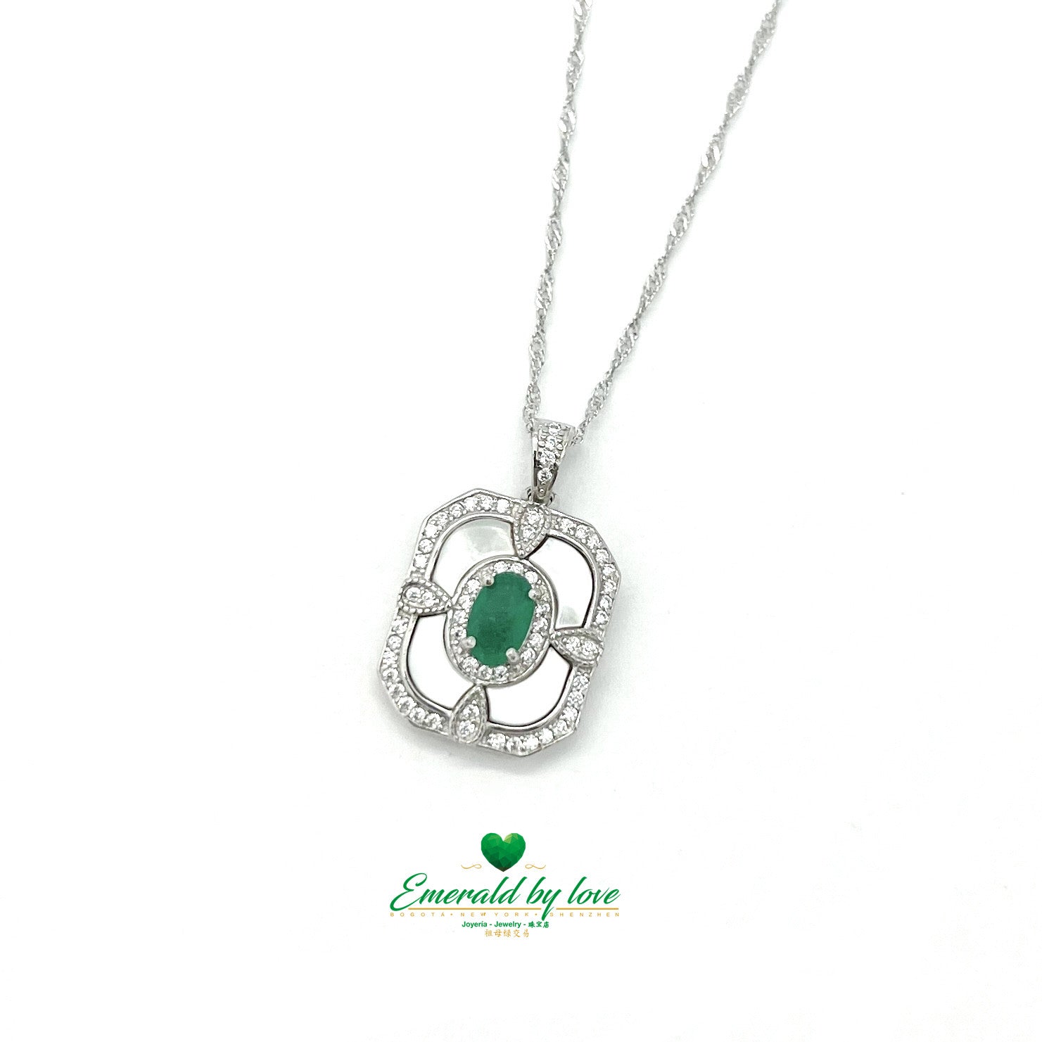 Medium Rectangular Pendant with Oval Emerald and Pearlized Square Accents