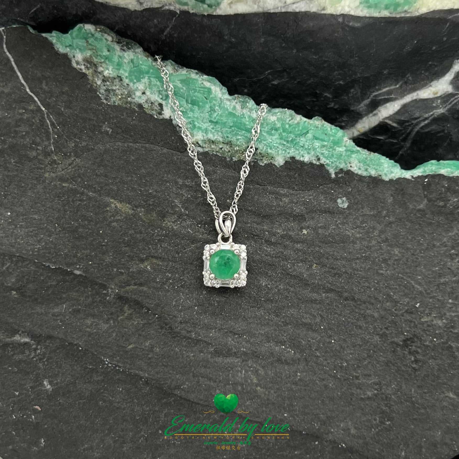 Round Emerald Pendant with Baguette-Cut Cubic Zirconia Surround