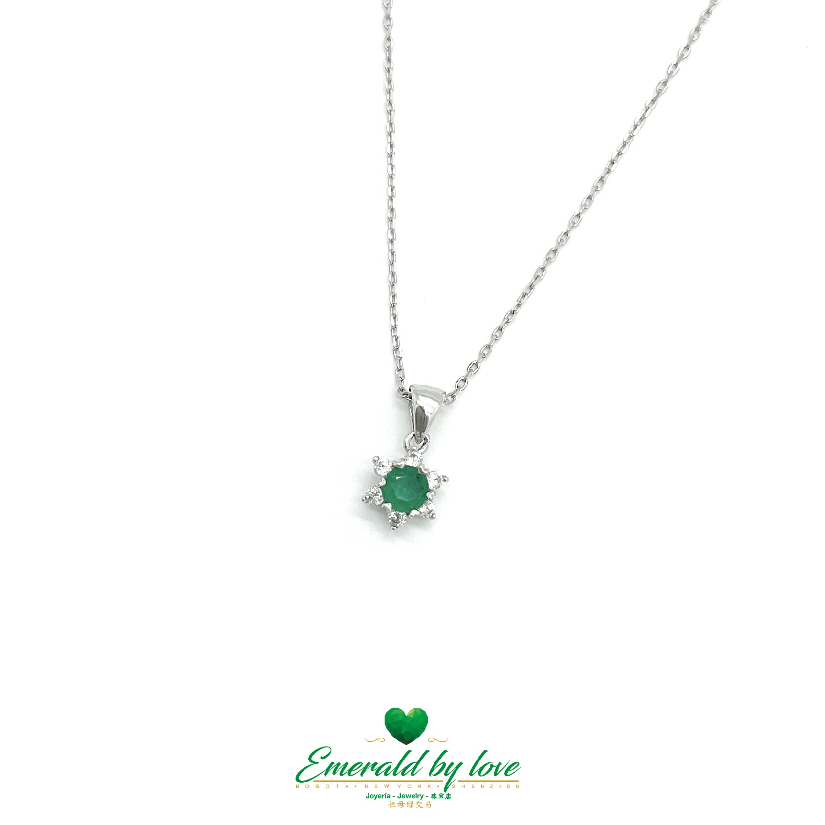 Small Six-Petal Flower Pendant with Round Central Emerald