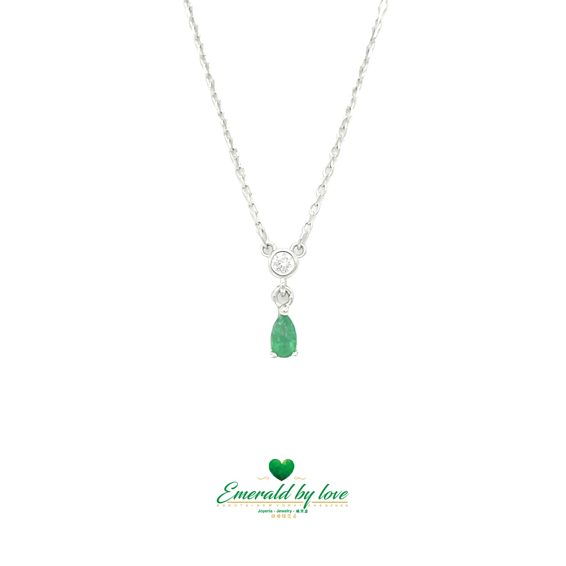 Sterling Silver Pendant with Teardrop Emerald and Round Zircon