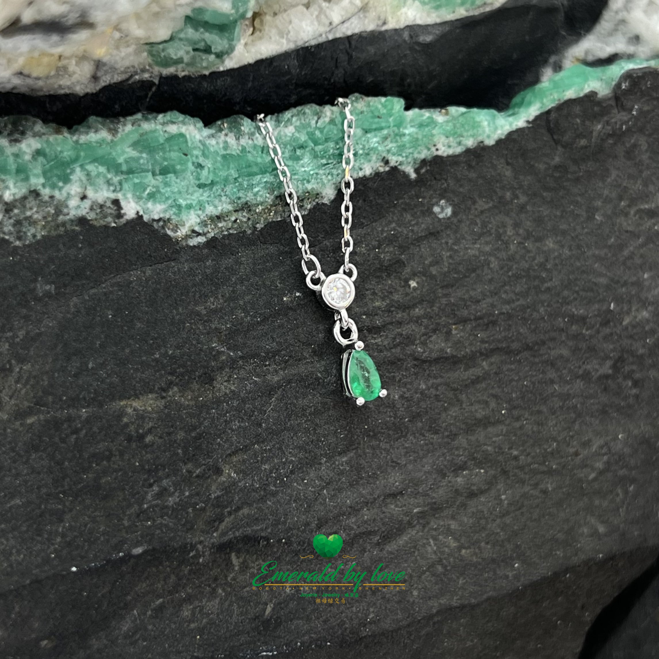 Sterling Silver Pendant with Teardrop Emerald and Round Zircon