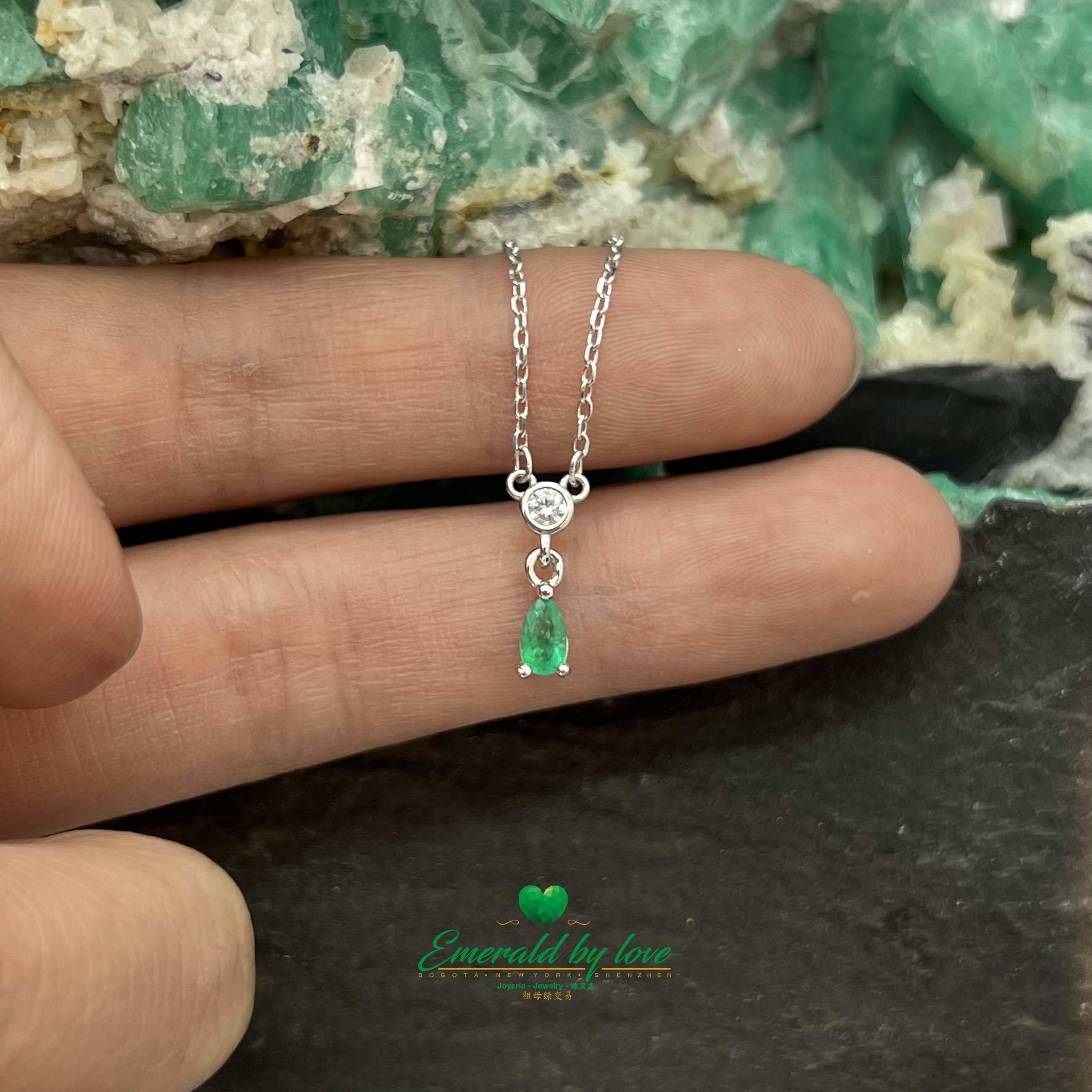 Sterling Silver Pendant with Teardrop Emerald and Round Zircon