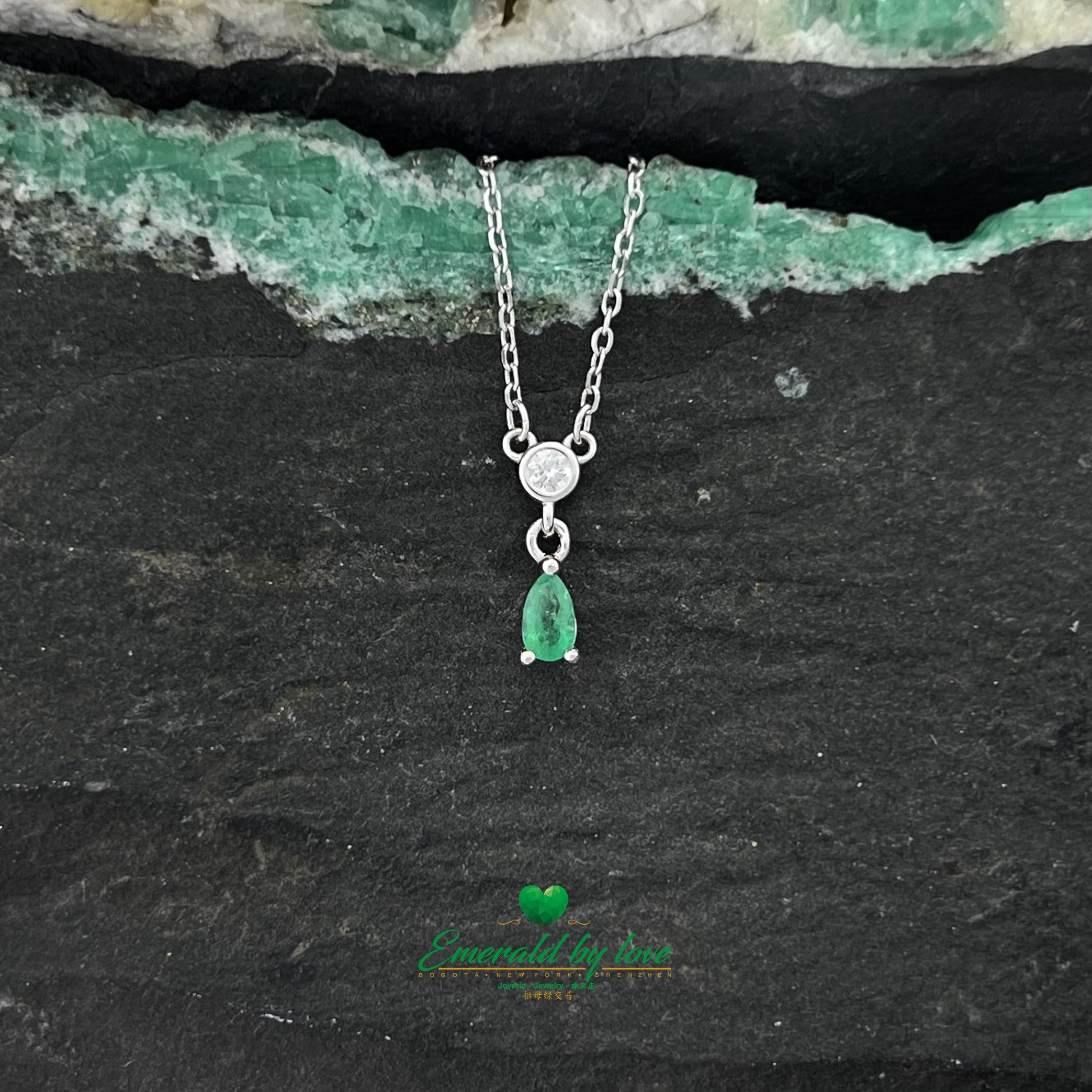 Sterling Silver Pendant with Teardrop Emerald and Round Zircon