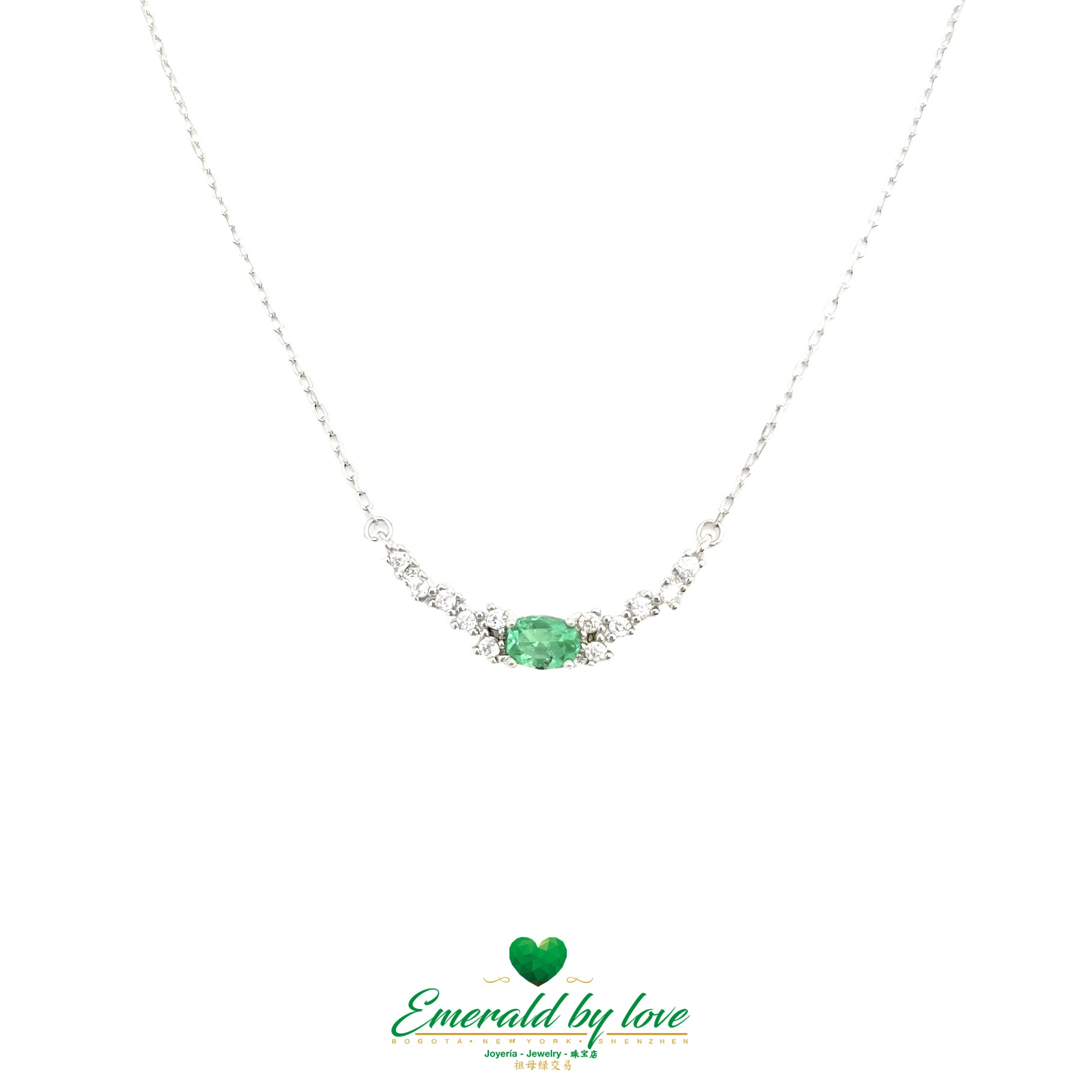 Sterling Silver Choker with Oval Crystal Emerald Surrounded by Baguette-Cut Cubic Zirconia