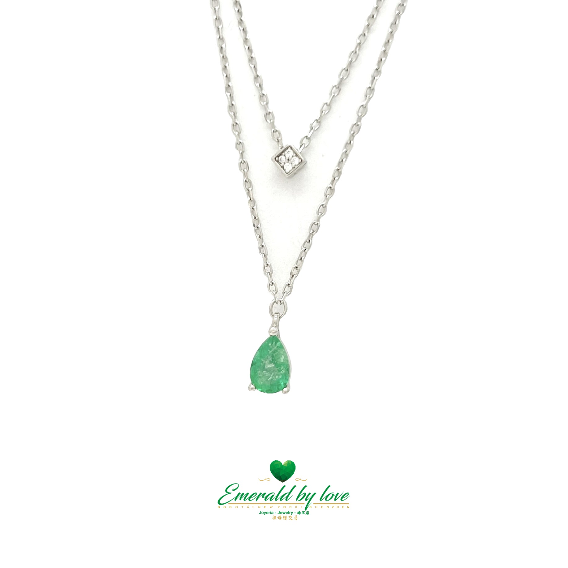 Double Chain Pendant with Teardrop Emerald and Square Zircon