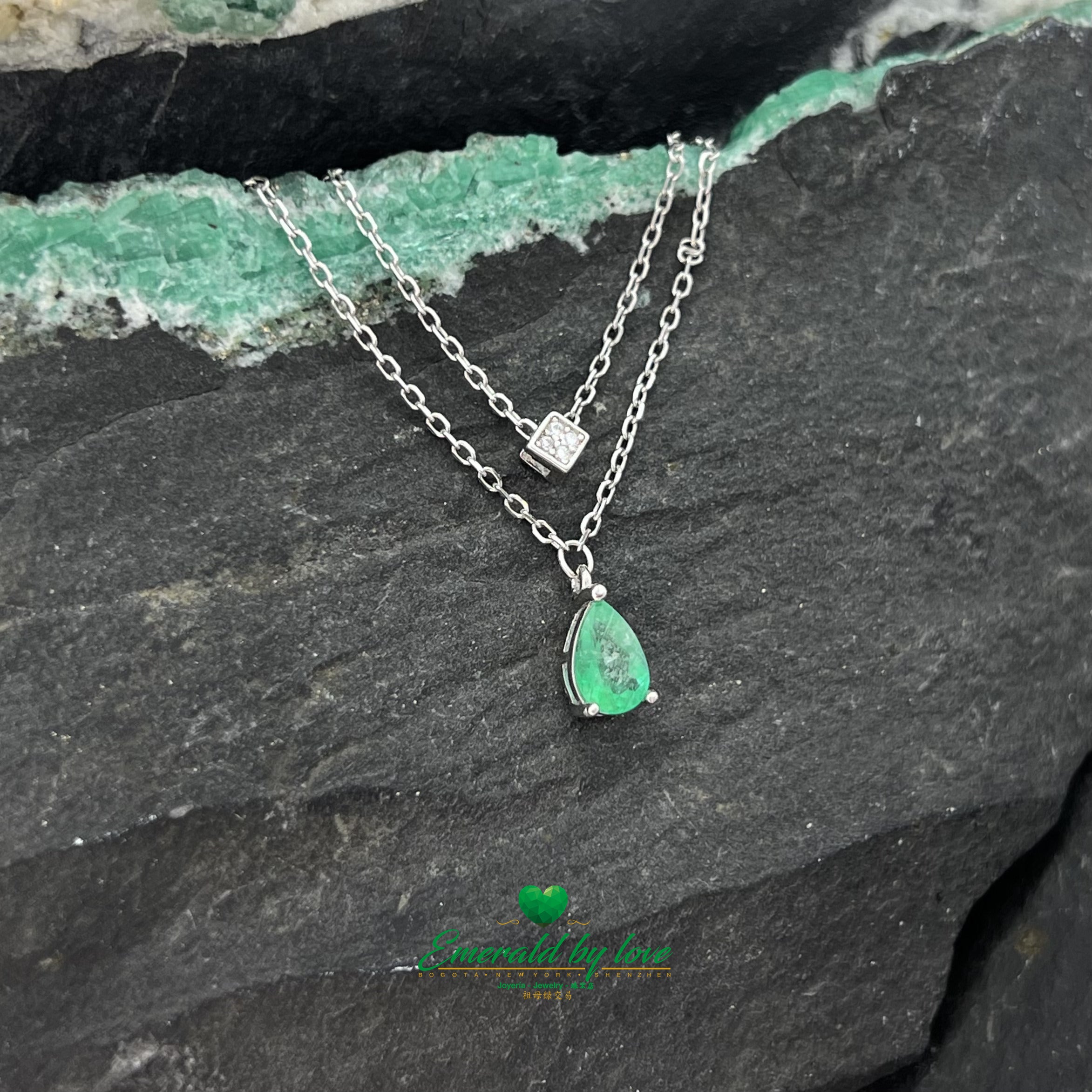 Double Chain Pendant with Teardrop Emerald and Square Zircon