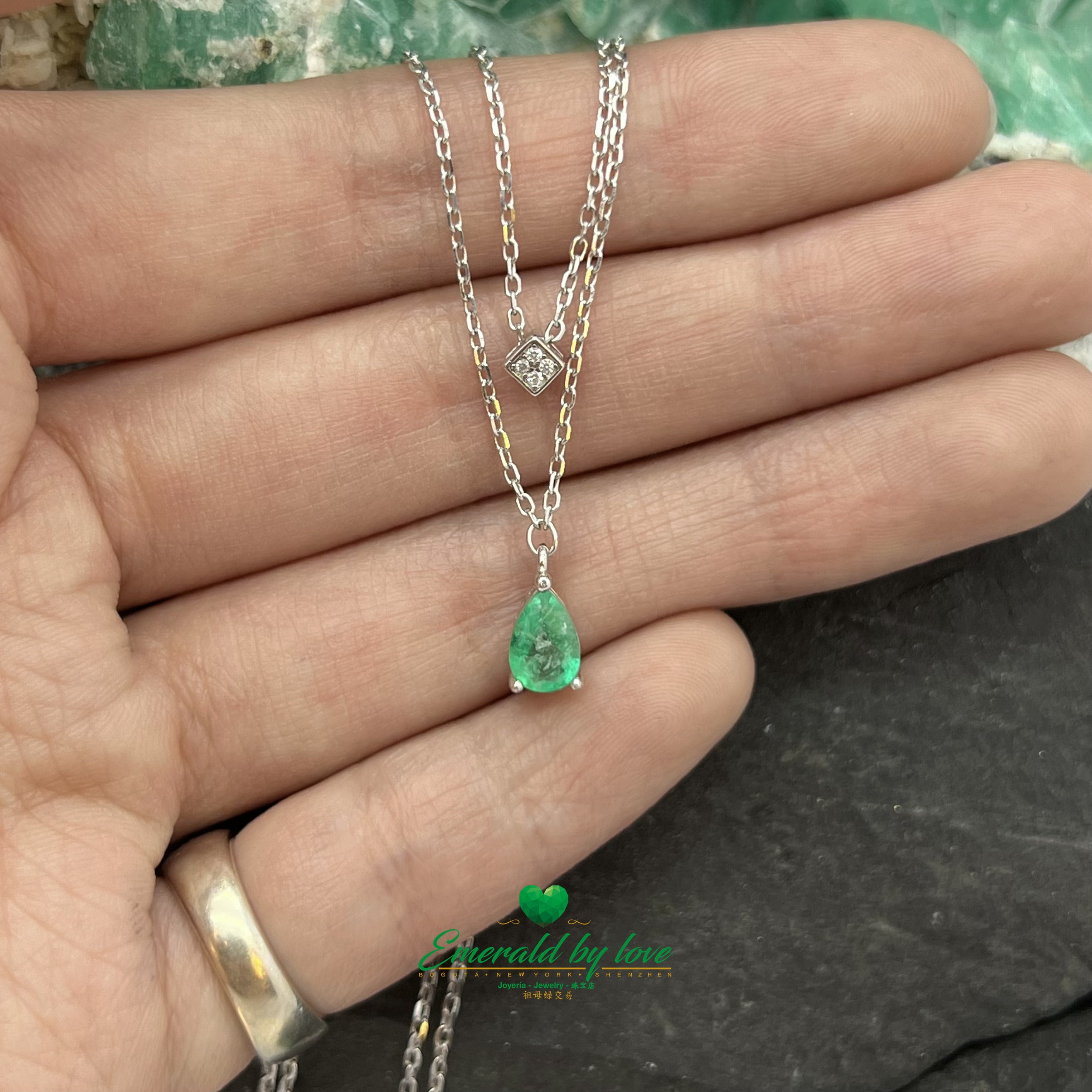 Double Chain Pendant with Teardrop Emerald and Square Zircon