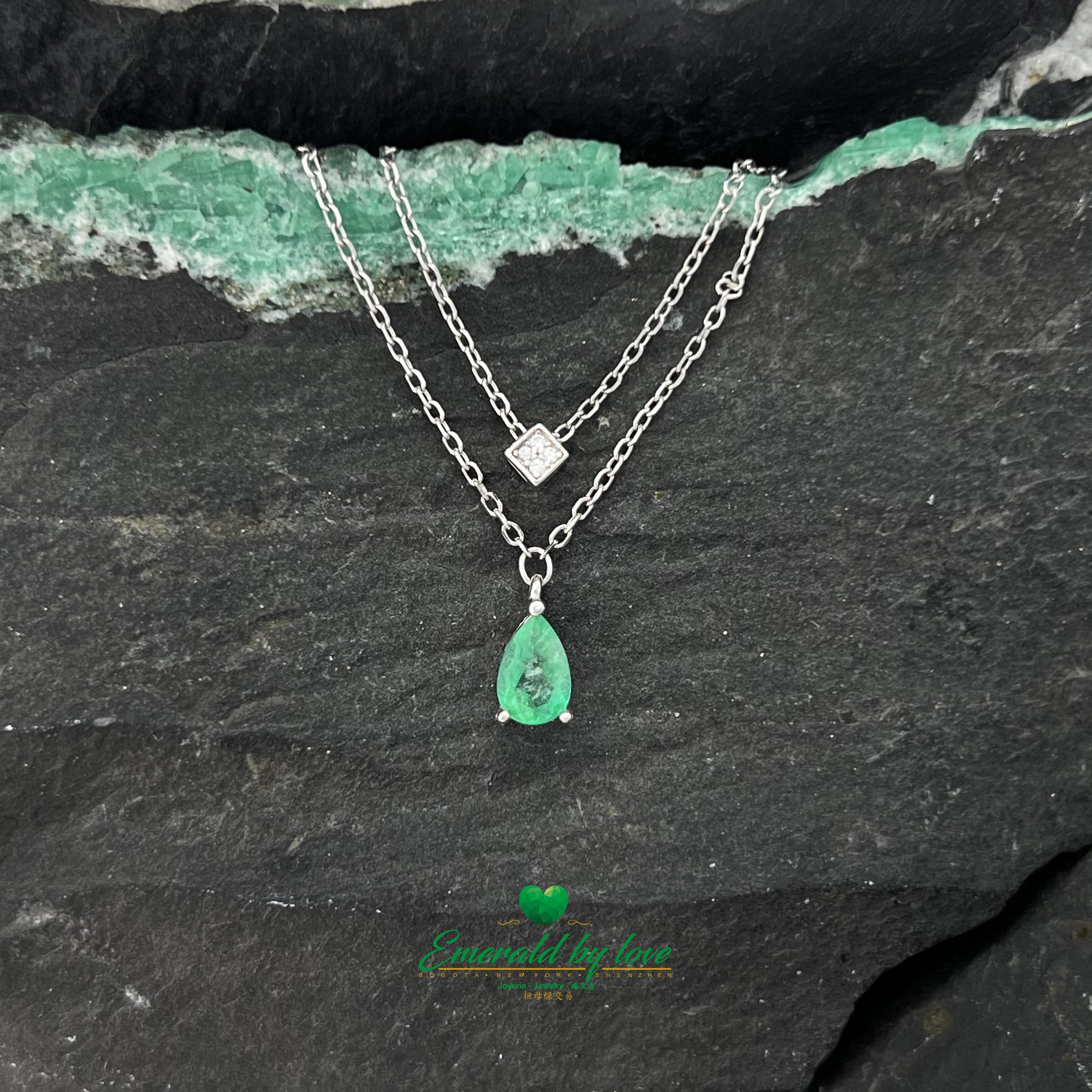 Double Chain Pendant with Teardrop Emerald and Square Zircon