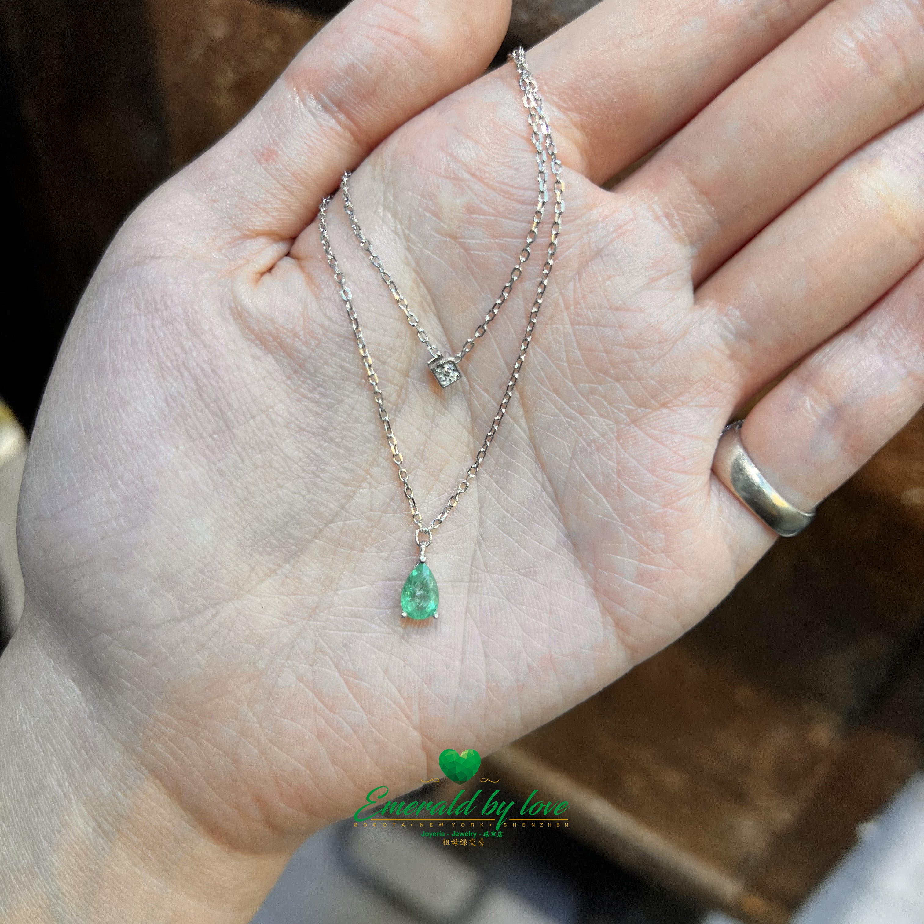 Double Chain Pendant with Teardrop Emerald and Square Zircon