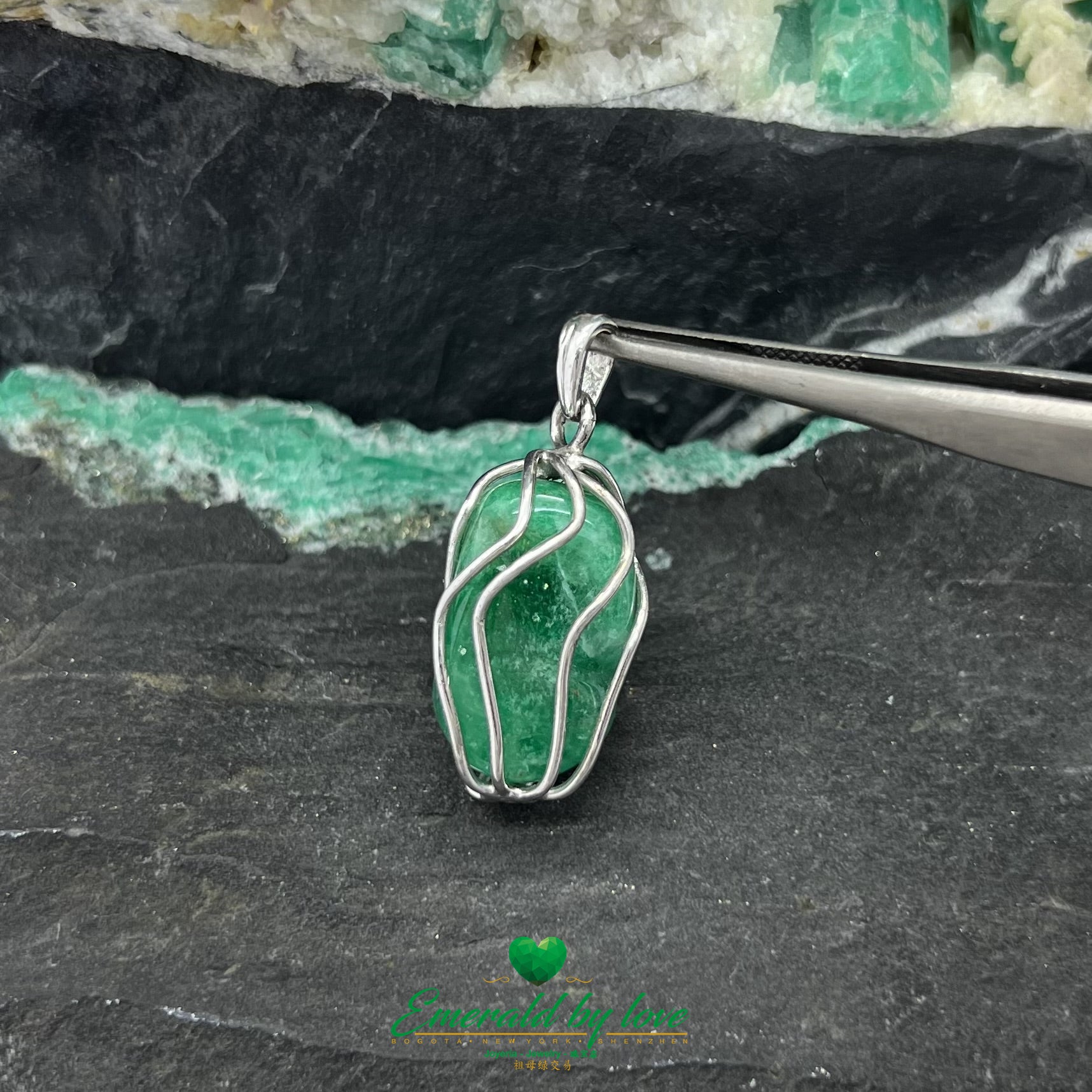 Silver-Wrapped Large Irregular Emerald Pendant