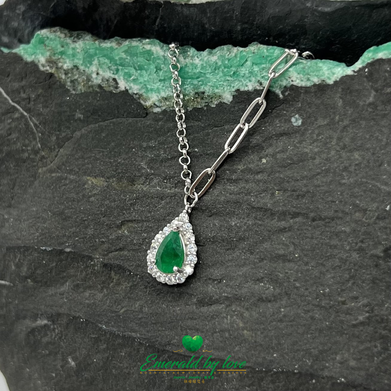 Pear-Shaped Marquise Emerald Pendant with Surrounding Cubic Zirconia and Double Chain
