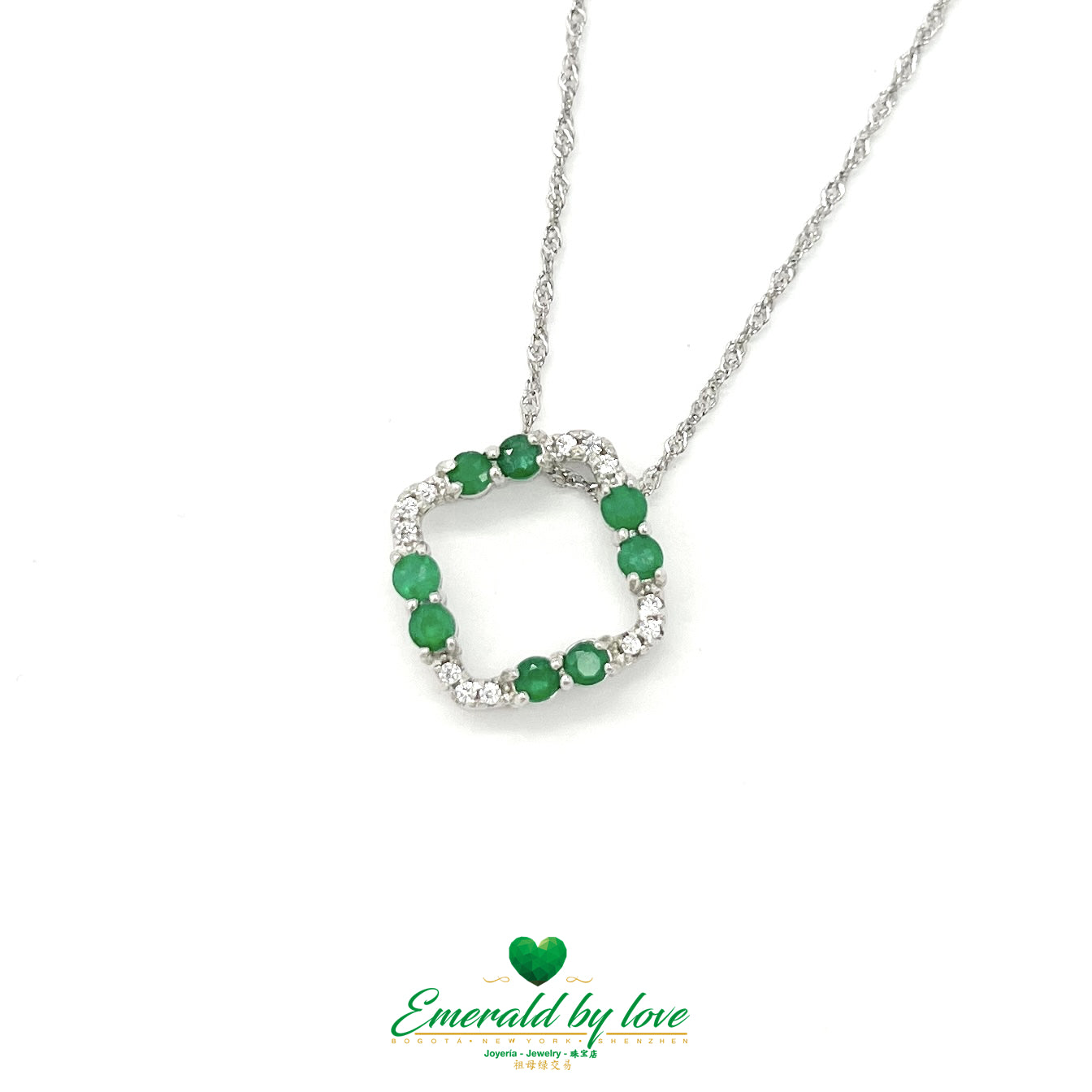 Square Silver Pendant with Two Round Emeralds on Each Side