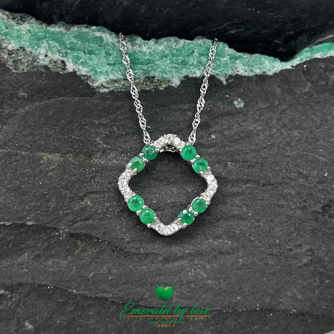 Square Silver Pendant with Two Round Emeralds on Each Side