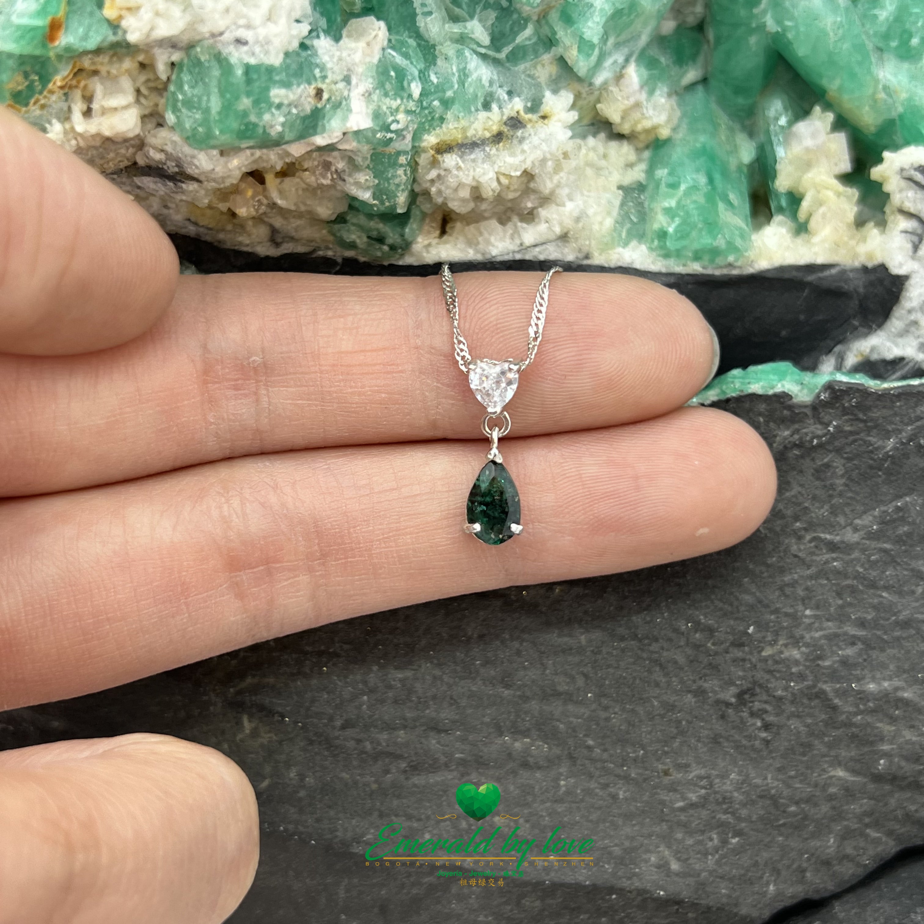 Heart-Cut Zircon Earrings with Teardrop Emerald and Diamonds