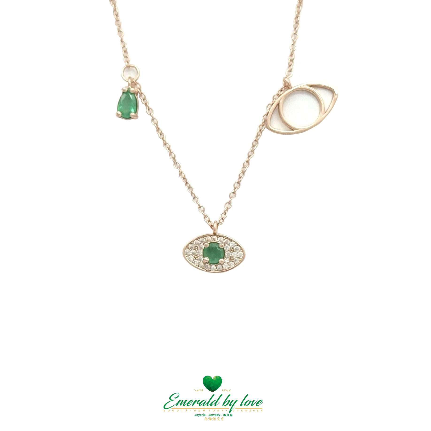 925 Silver Pendant with Rose Gold Plating - Triple Charm with Emerald Teardrop, Zircon Eye & Crystal Accent