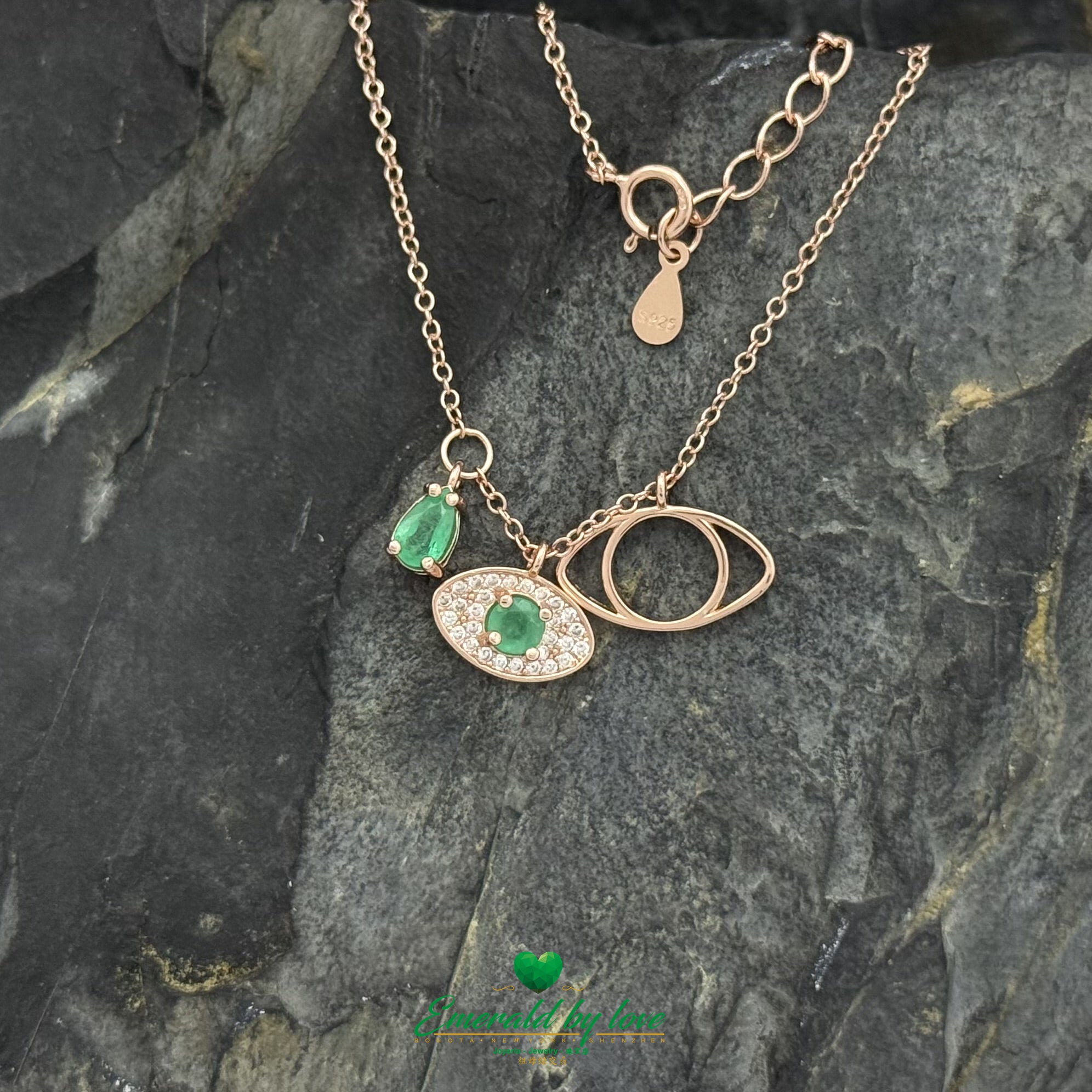 925 Silver Pendant with Rose Gold Plating - Triple Charm with Emerald Teardrop, Zircon Eye & Crystal Accent