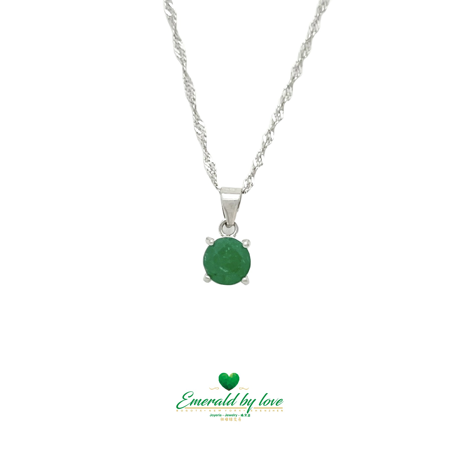 Solitaire Sterling Silver Pendant with Round Emerald in 4-Prong Setting