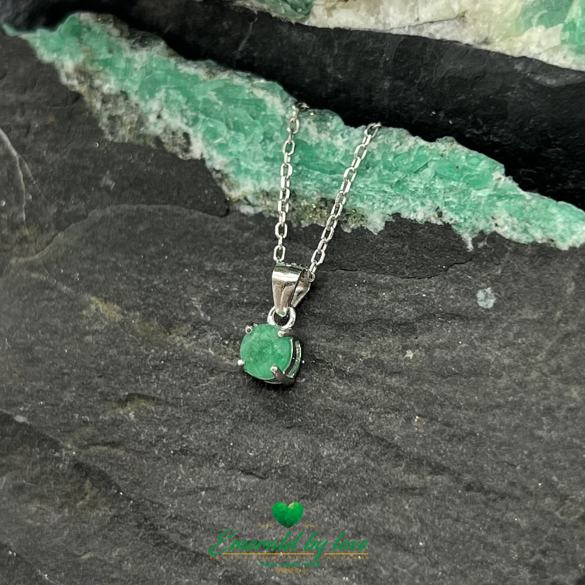 Solitaire Sterling Silver Pendant with Round Emerald in 4-Prong Setting