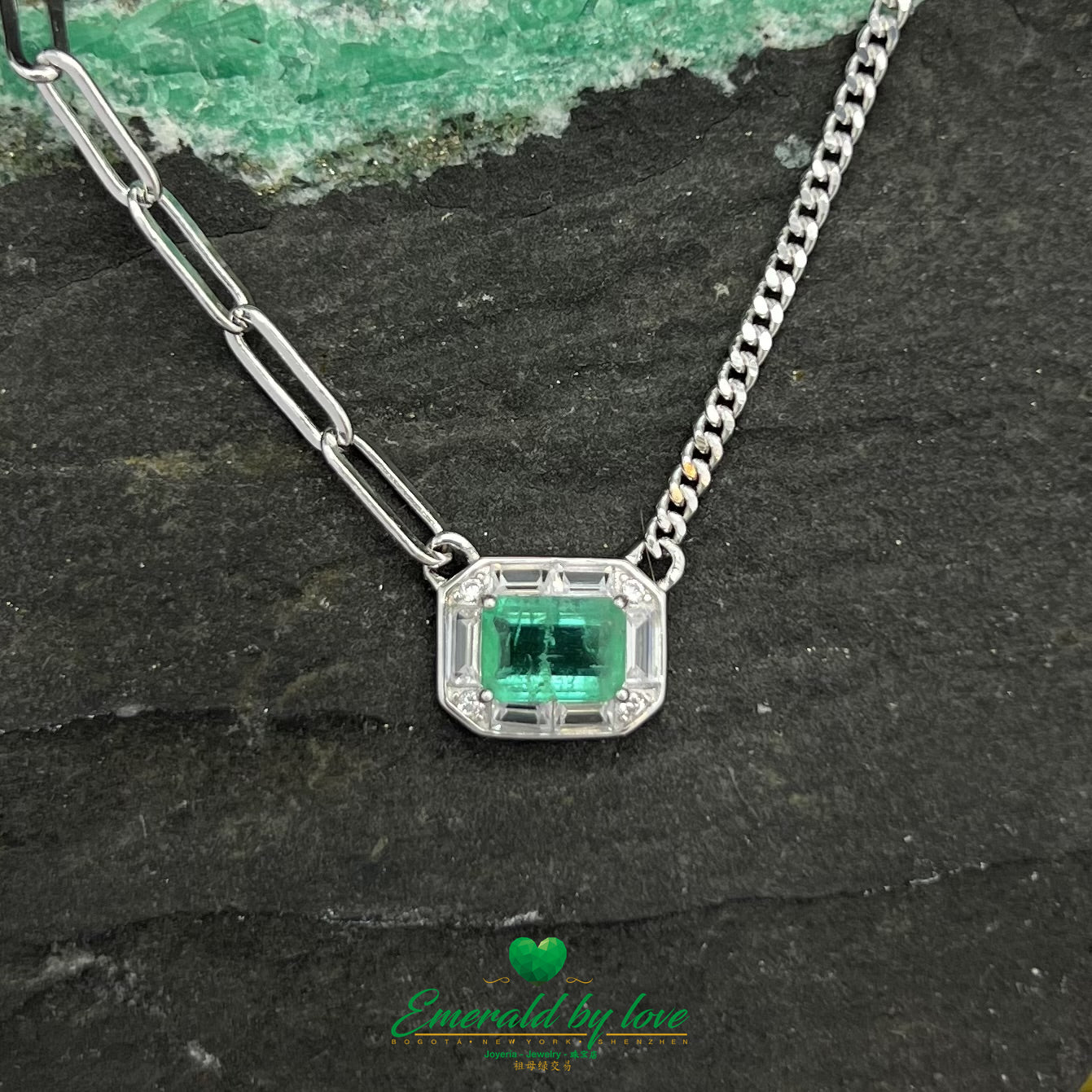 Rectangular Crystal Emerald Pendant with Double Chain Design