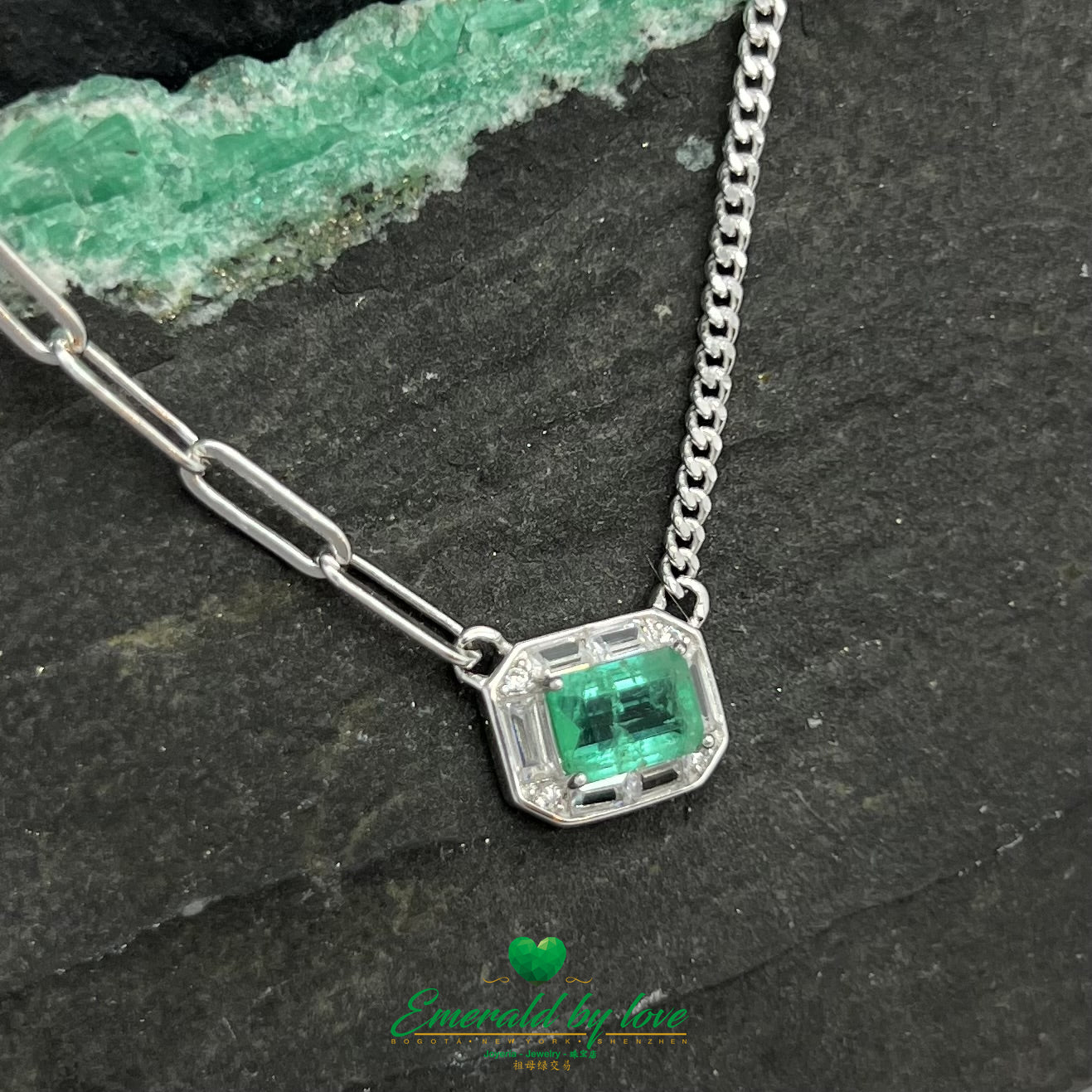 Rectangular Crystal Emerald Pendant with Double Chain Design