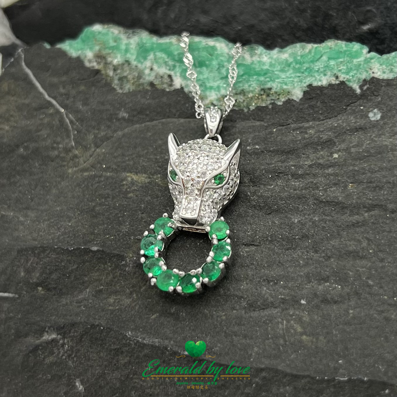Panther Pendant with Circle of Colombian Emeralds