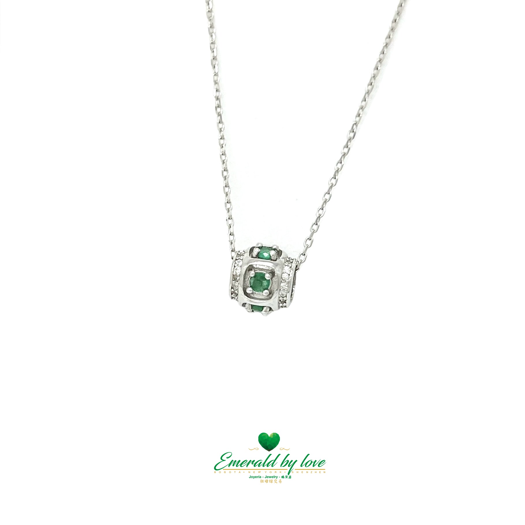 Cylinder Pendant with Round Emeralds and Corner Zircons