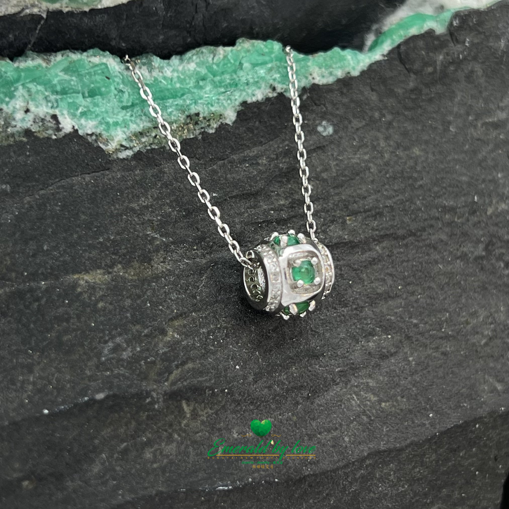 Cylinder Pendant with Round Emeralds and Corner Zircons