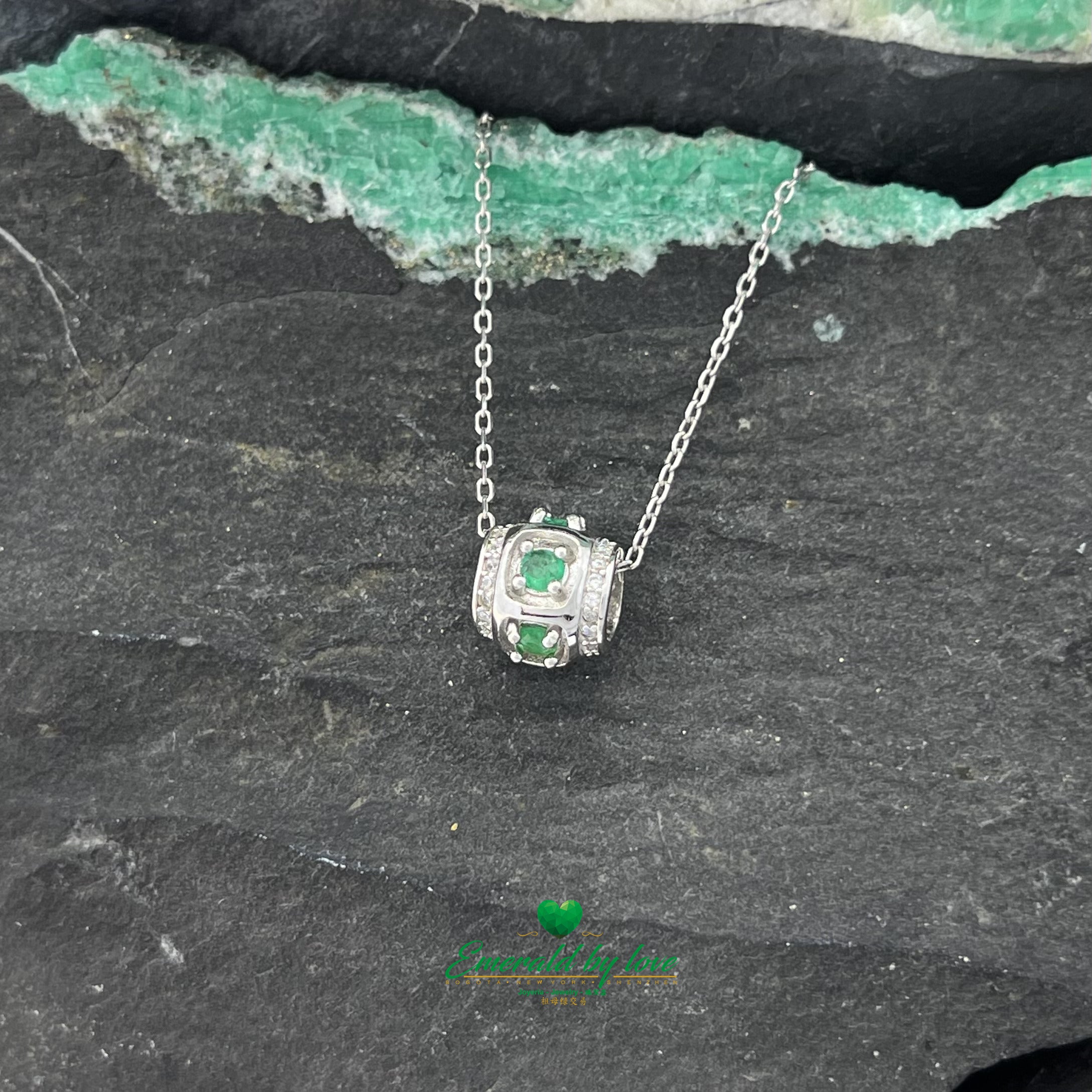 Cylinder Pendant with Round Emeralds and Corner Zircons