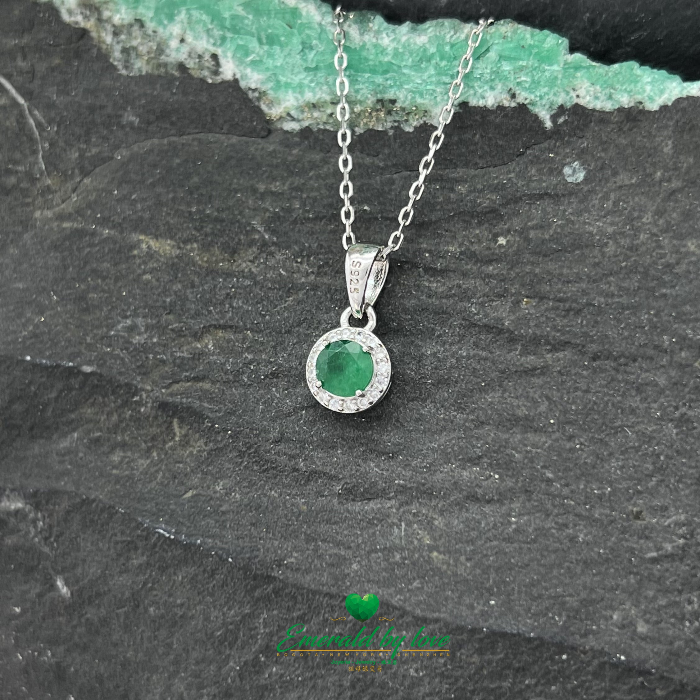 Divine Round Emerald Pendant Surrounded by Zircon Stones