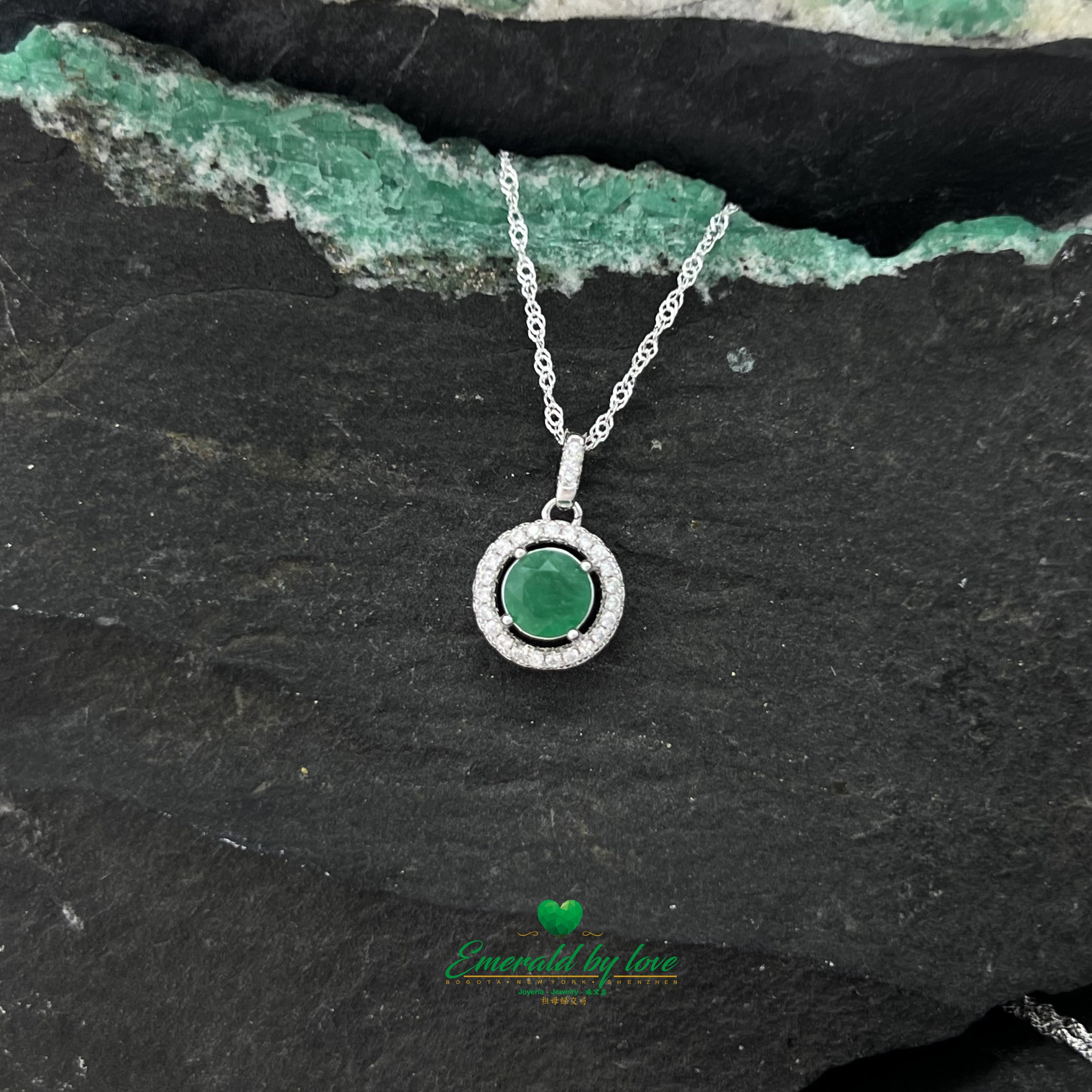 Round Marquis Pendant with Central Emerald and Zircon Accents