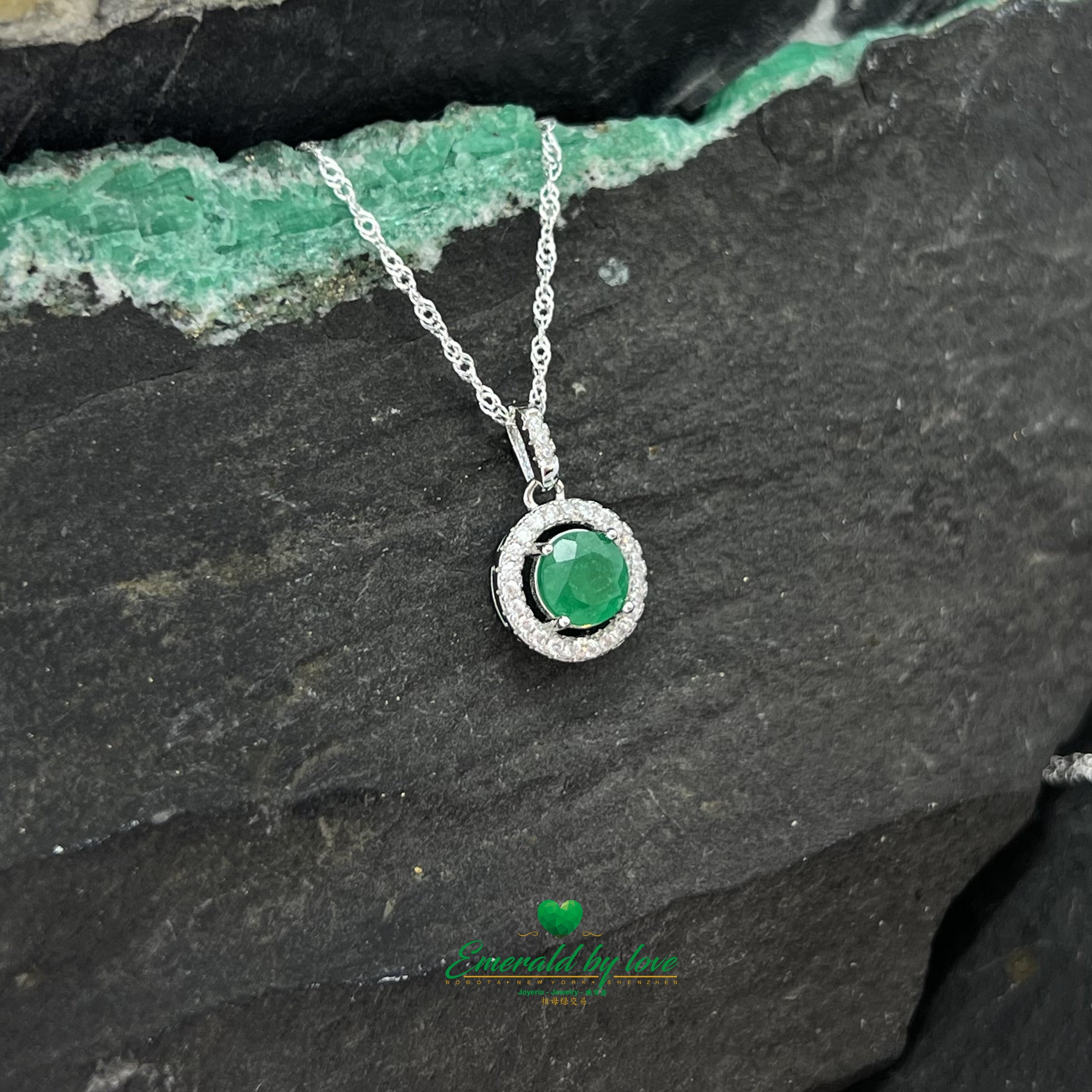 Round Marquis Pendant with Central Emerald and Zircon Accents