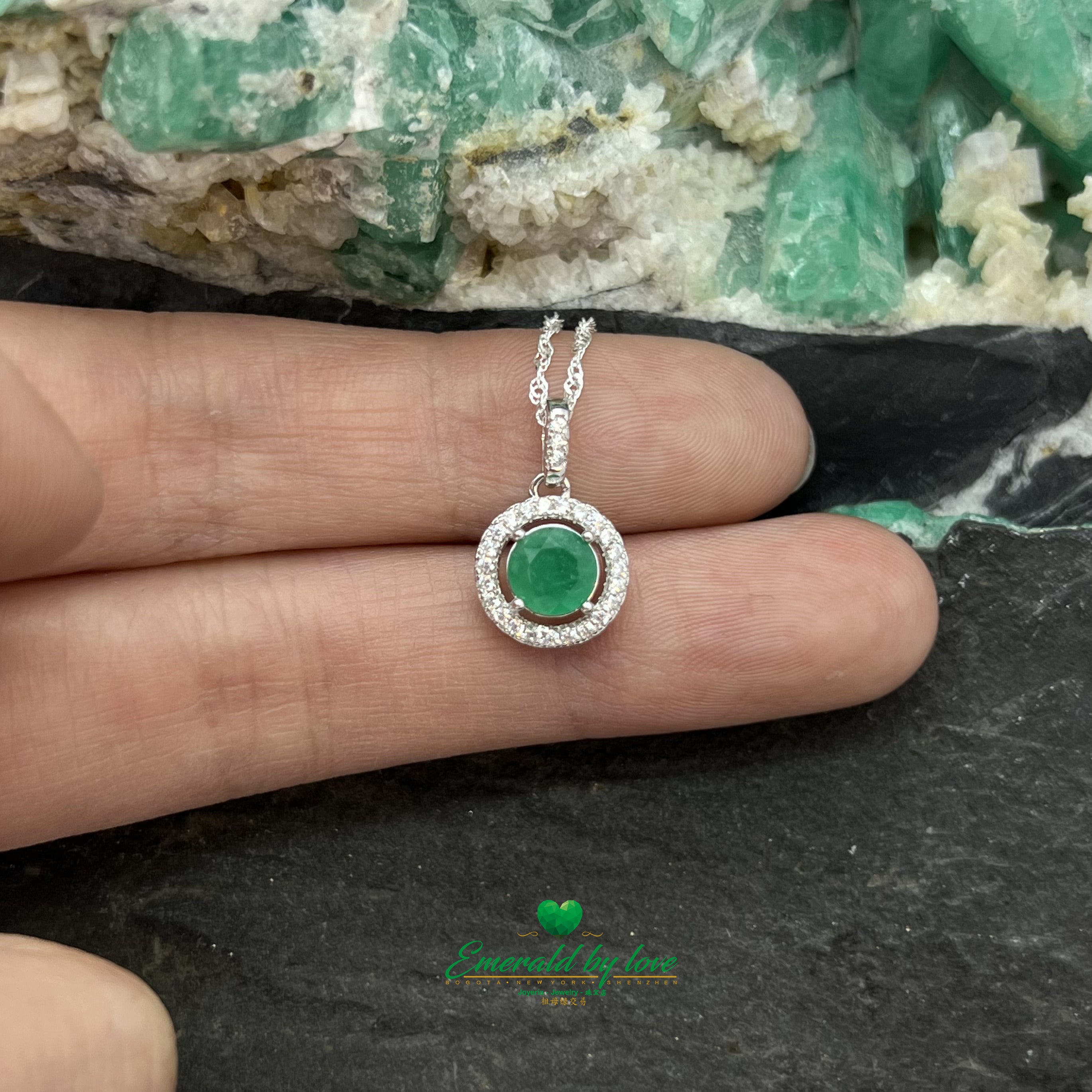 Round Marquis Pendant with Central Emerald and Zircon Accents