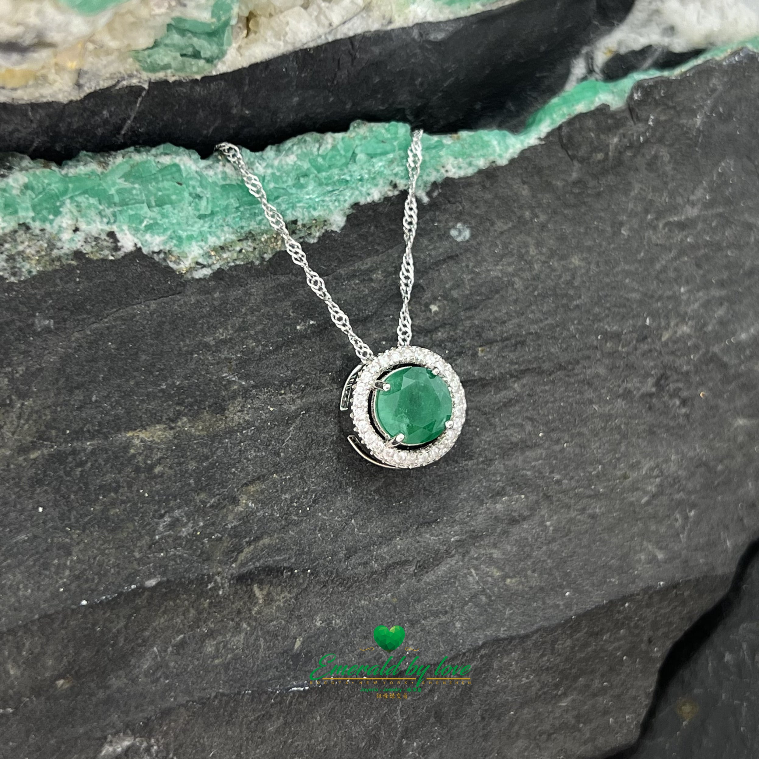 Majestic Marquis Pendant with Large Central Emerald and Zircon Halo – Chain Pass-Through Design