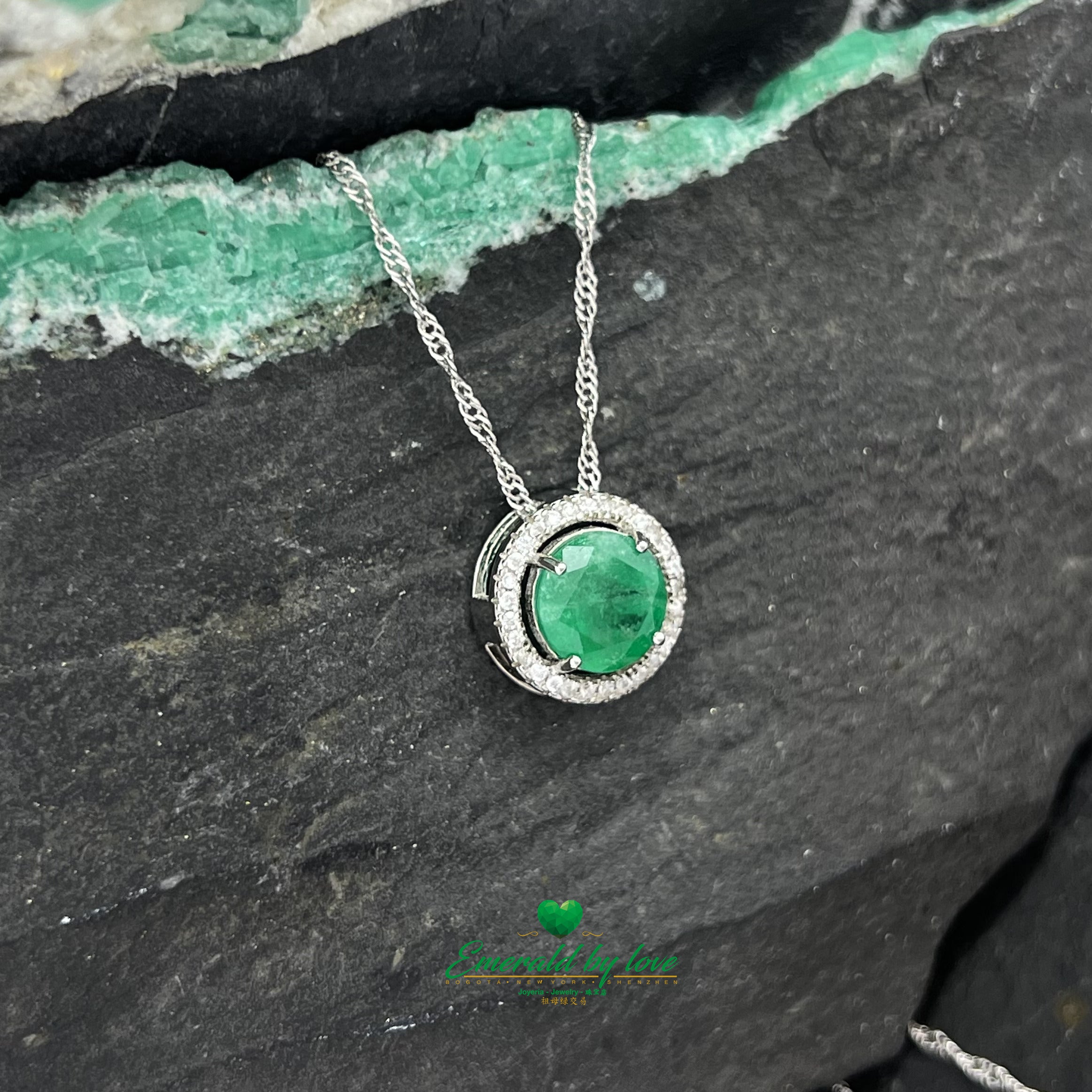 Oversized Marquis Pendant with Large Central Emerald and Zircon Halo – Pass-Through Chain Design