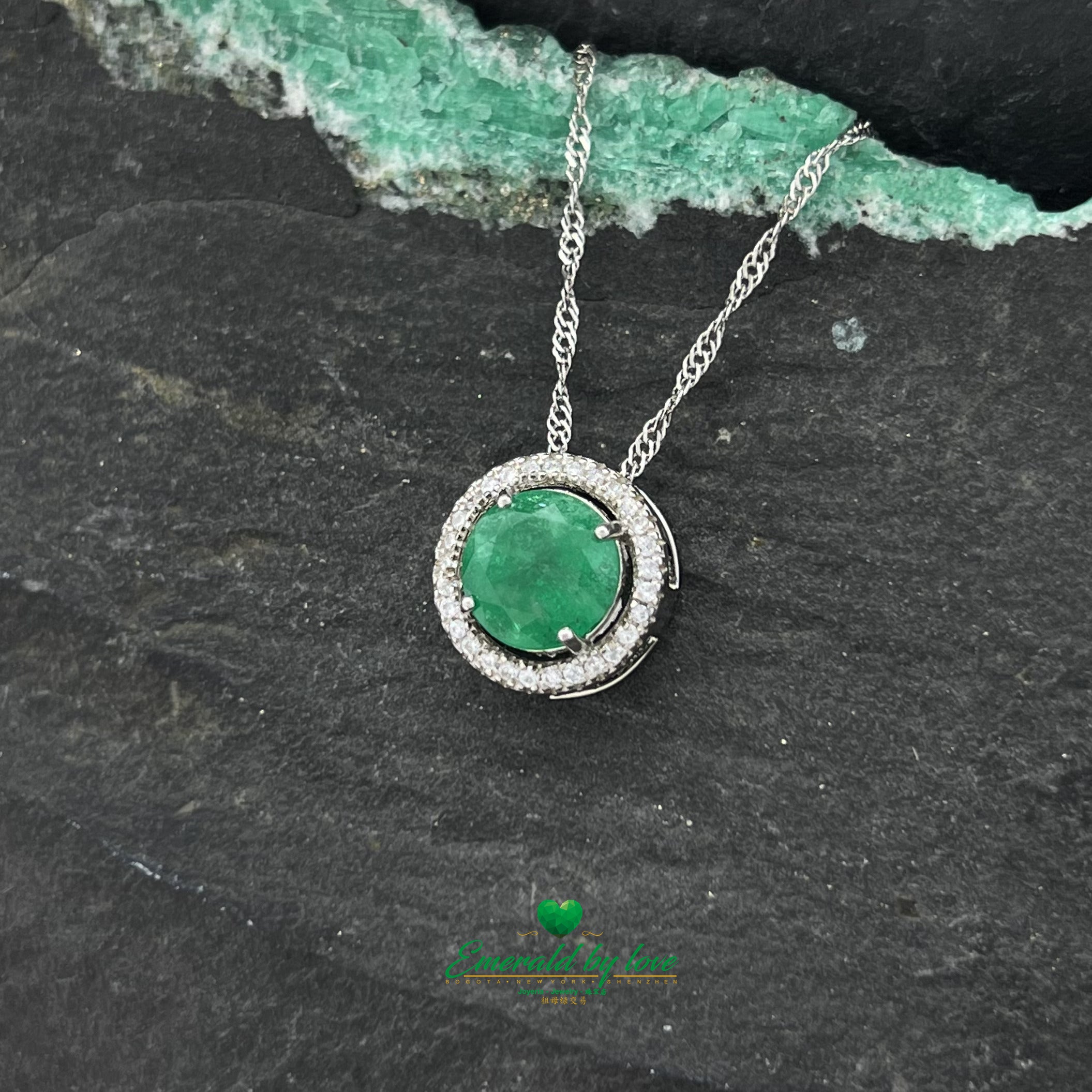 Oversized Marquis Pendant with Large Central Emerald and Zircon Halo – Pass-Through Chain Design